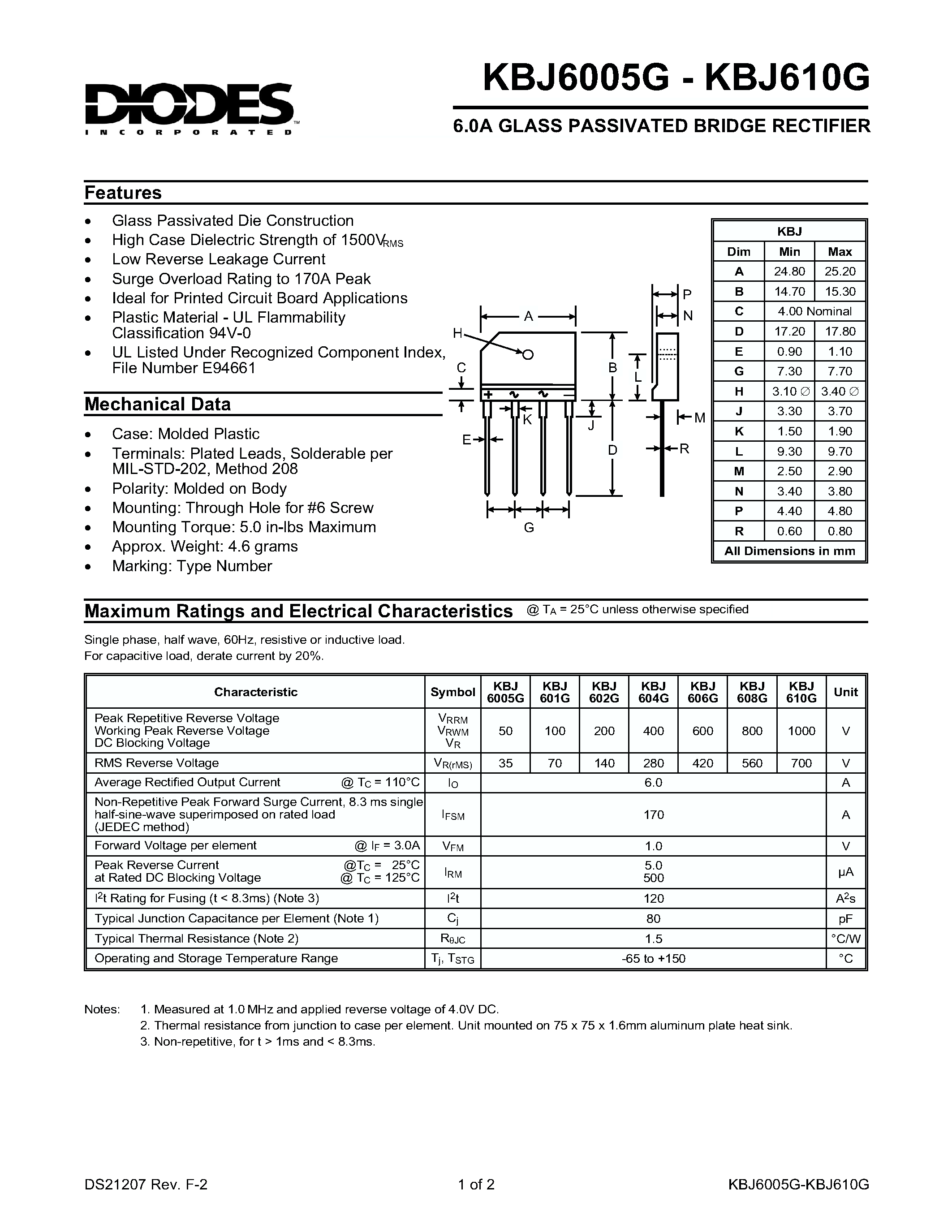 Datasheet KBJ606G page 1 Datasheet KBJ606G - 6.0A GLASS PASSIVATED BRIDGE RECTIFIER page 1