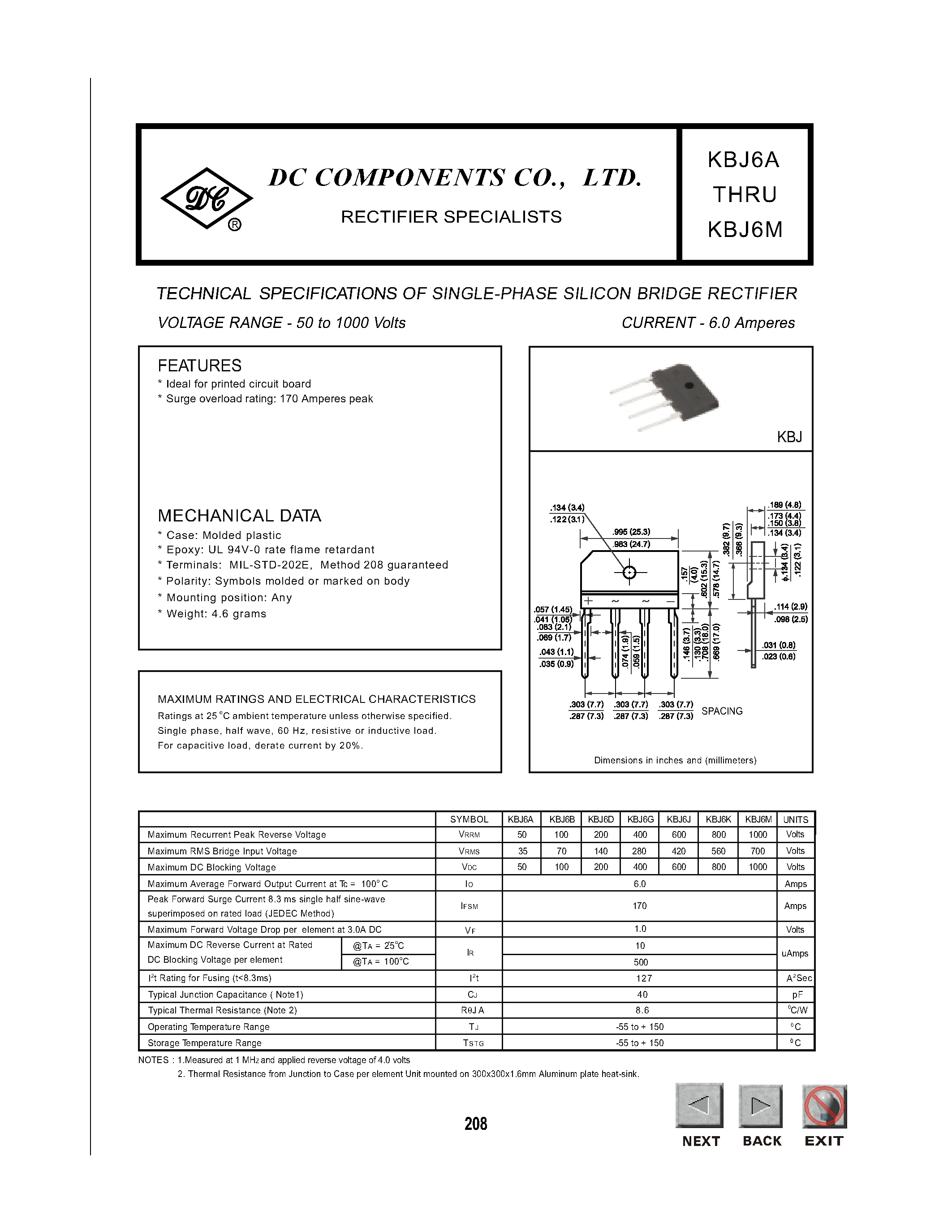 Datasheet KBJ6B page 1 Datasheet KBJ6B - TECHNICAL SPECIFICATIONS OF SINGLE-PHASE SILICON BRIDGE RECTIFIER page 1