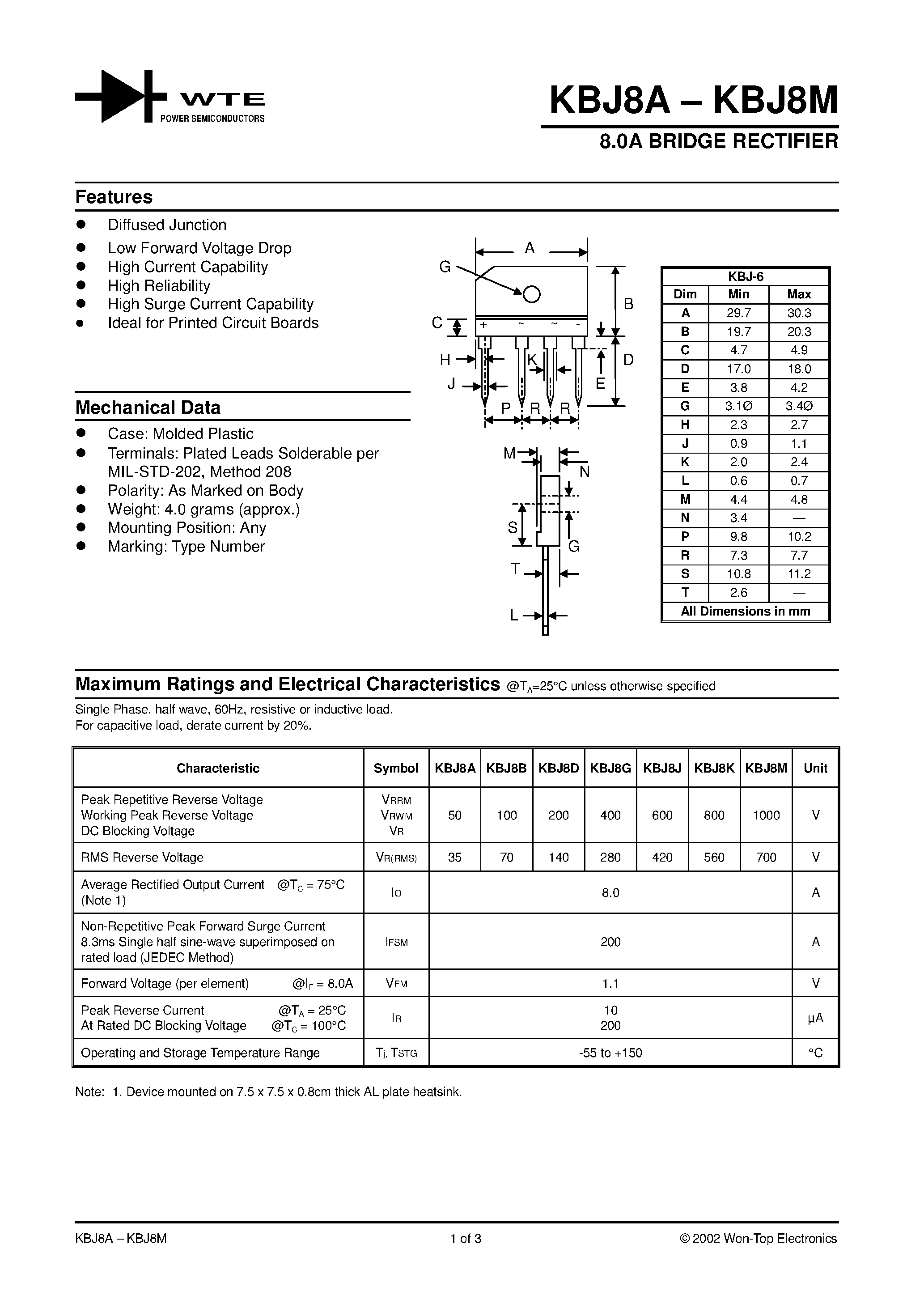Datasheet KBJ8A page 1 Datasheet KBJ8A - 8.0A BRIDGE RECTIFIER page 1