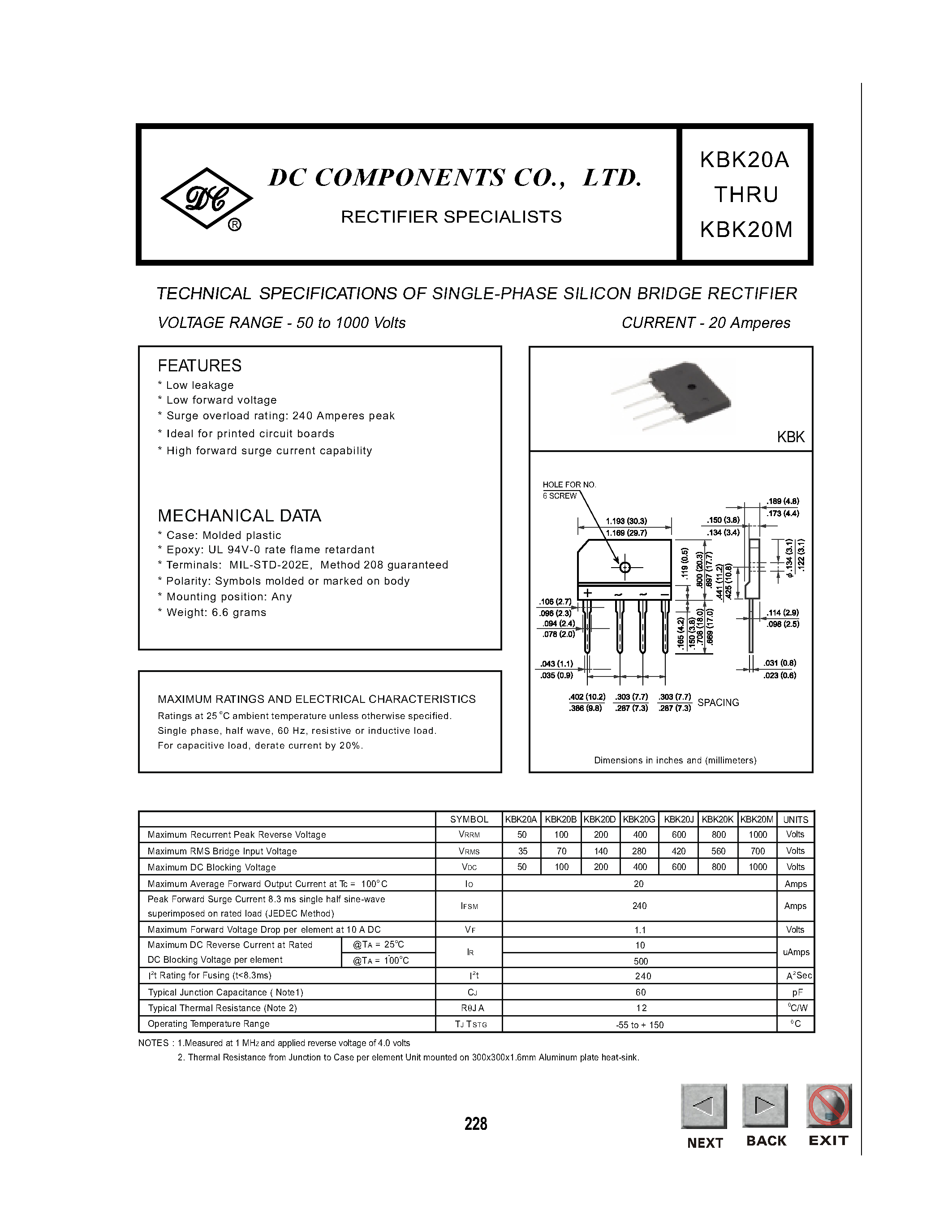 Datasheet KBK20G - TECHNICAL SPECIFICATIONS OF SINGLE-PHASE SILICON BRIDGE RECTIFIER page 1
