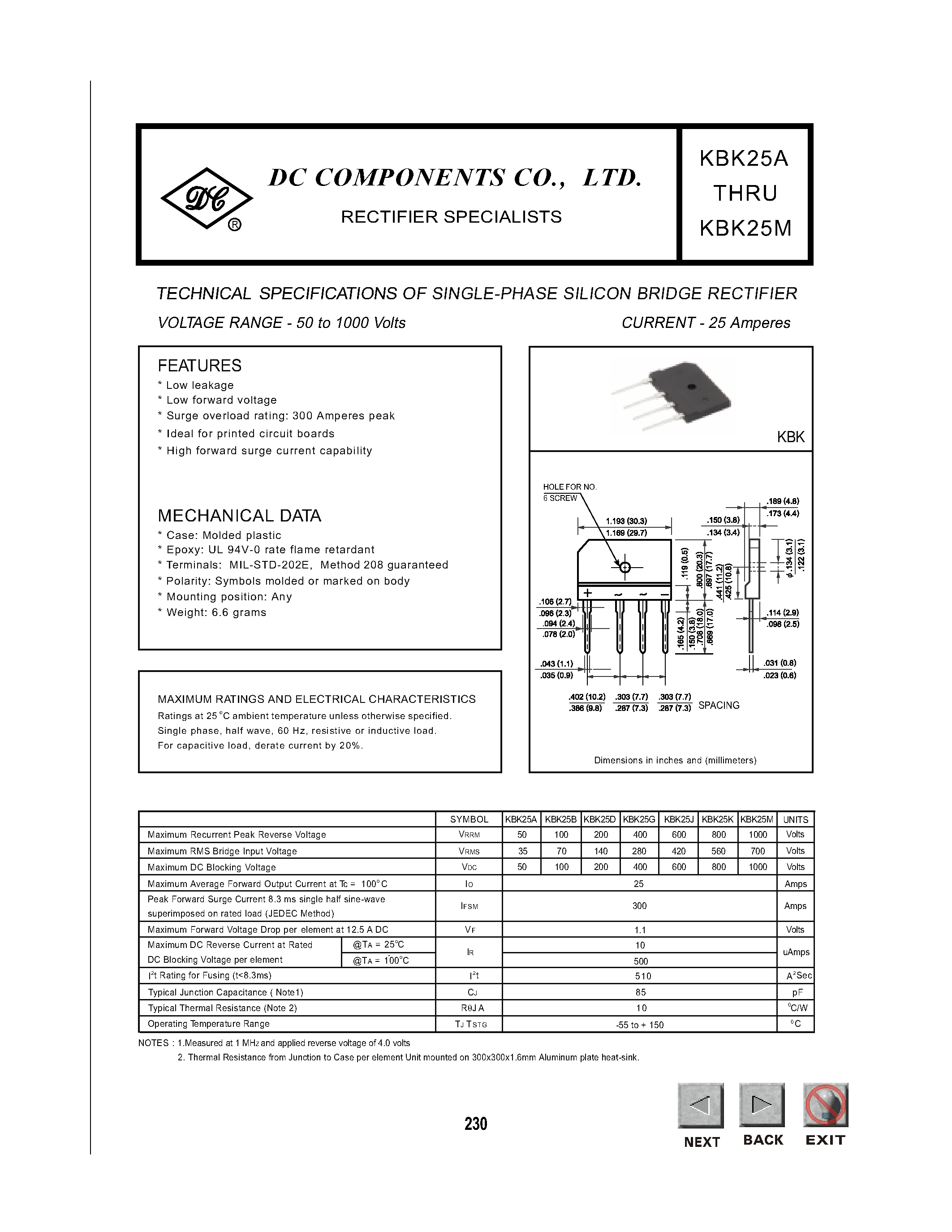Datasheet KBK25A - TECHNICAL SPECIFICATIONS OF SINGLE-PHASE SILICON BRIDGE RECTIFIER page 1