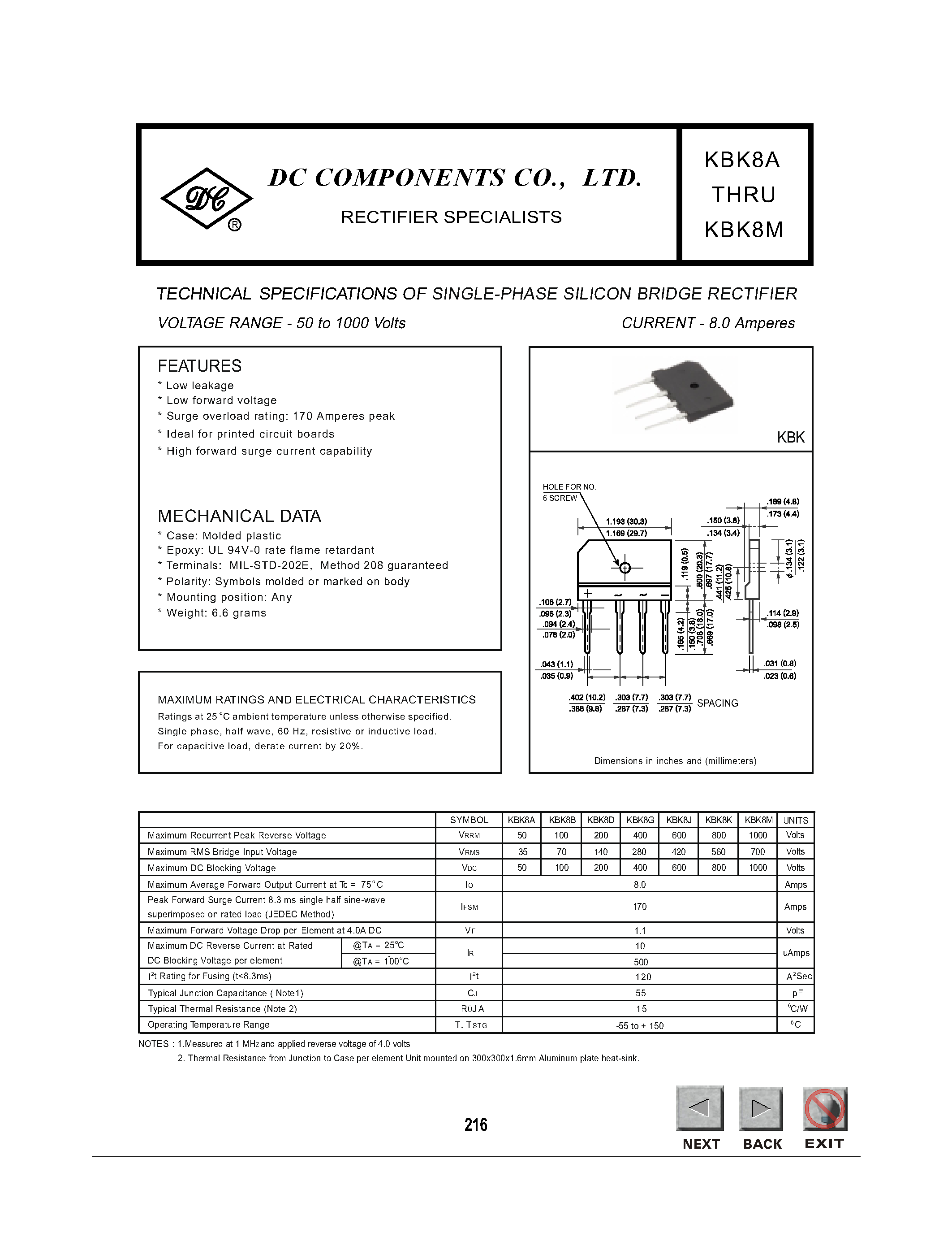 Datasheet KBK8K page 1 Datasheet KBK8K - TECHNICAL SPECIFICATIONS OF SINGLE-PHASE SILICON BRIDGE RECTIFIER page 1