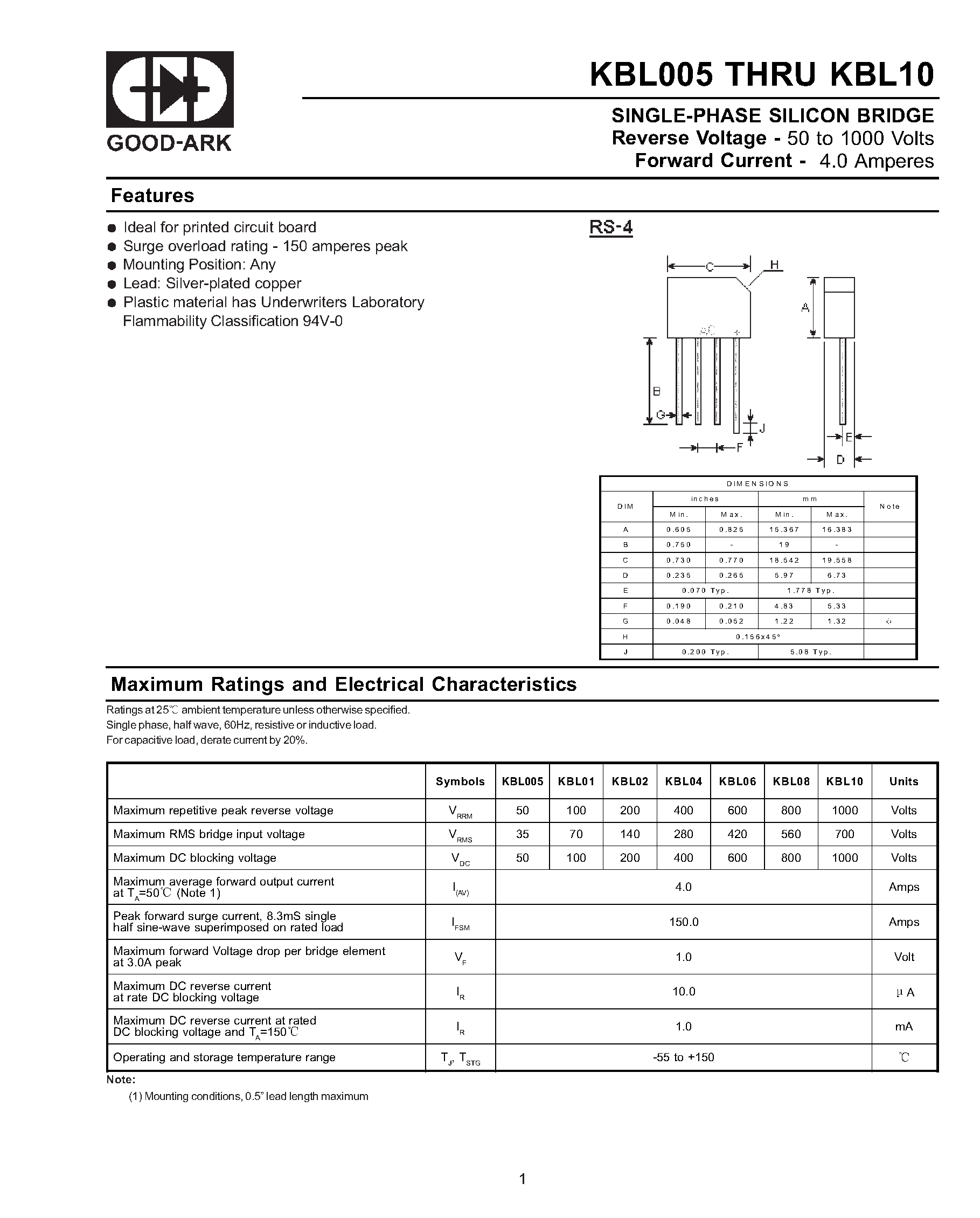 Даташит KBL005 - SINGLE-PHASE SILICON BRIDGE страница 1