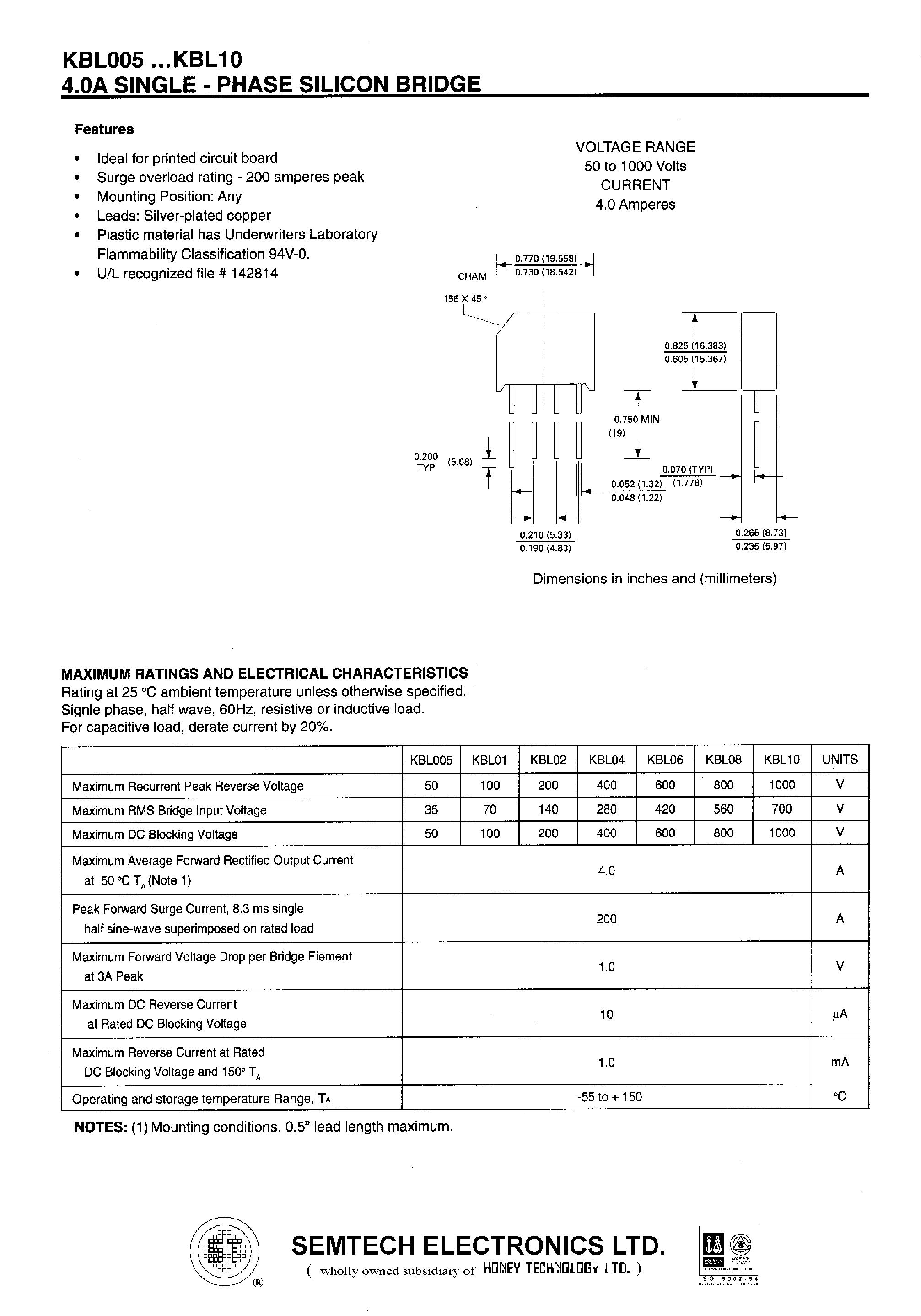 Datasheet KBL01 page 1 Datasheet KBL01 - 4.0A SINGLE - PHASE SILICON BRIDGE page 1