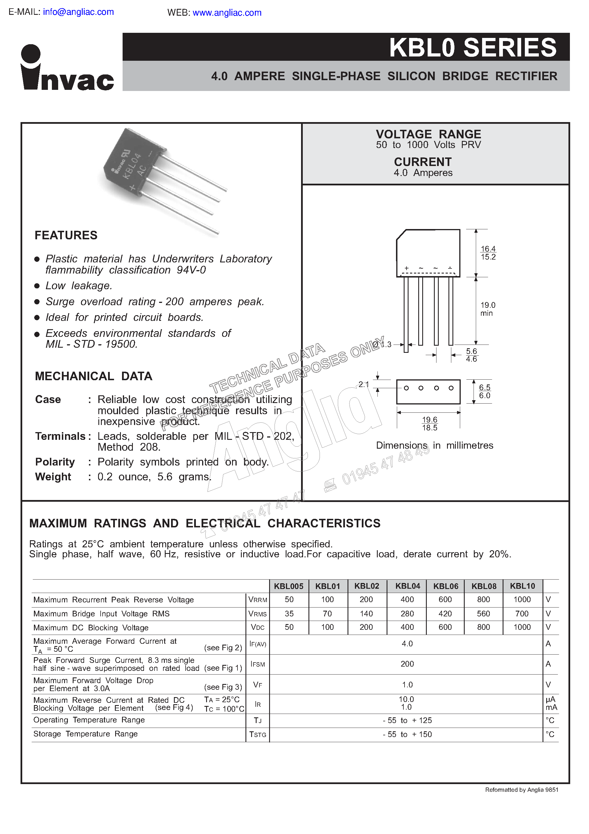 Datasheet KBL02 page 1 Datasheet KBL02 - 4.0 AMPERE SINGLE-PHASE SILICON BRIDGE RECTIFIER page 1
