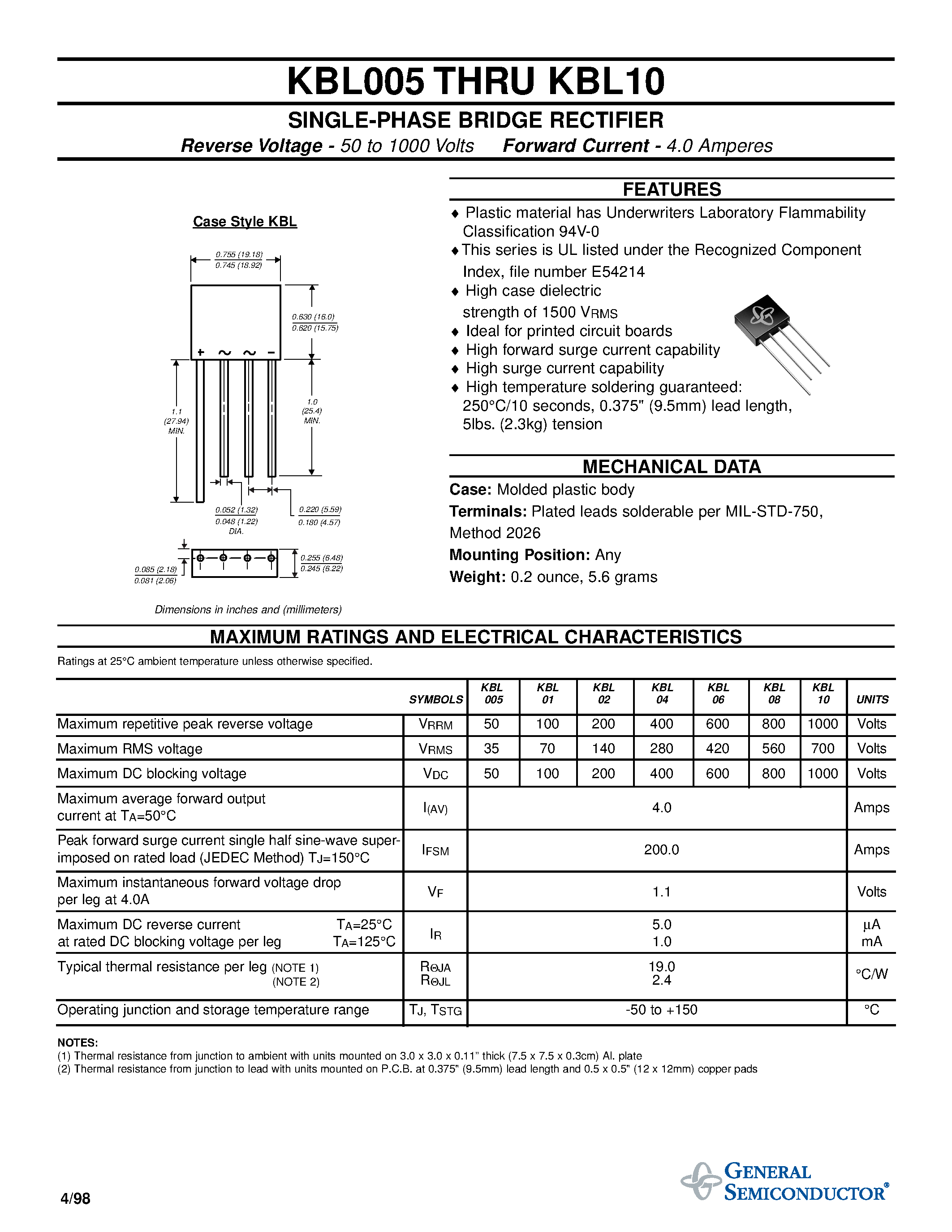 Даташит KBL10 - SINGLE-PHASE BRIDGE RECTIFIER страница 1