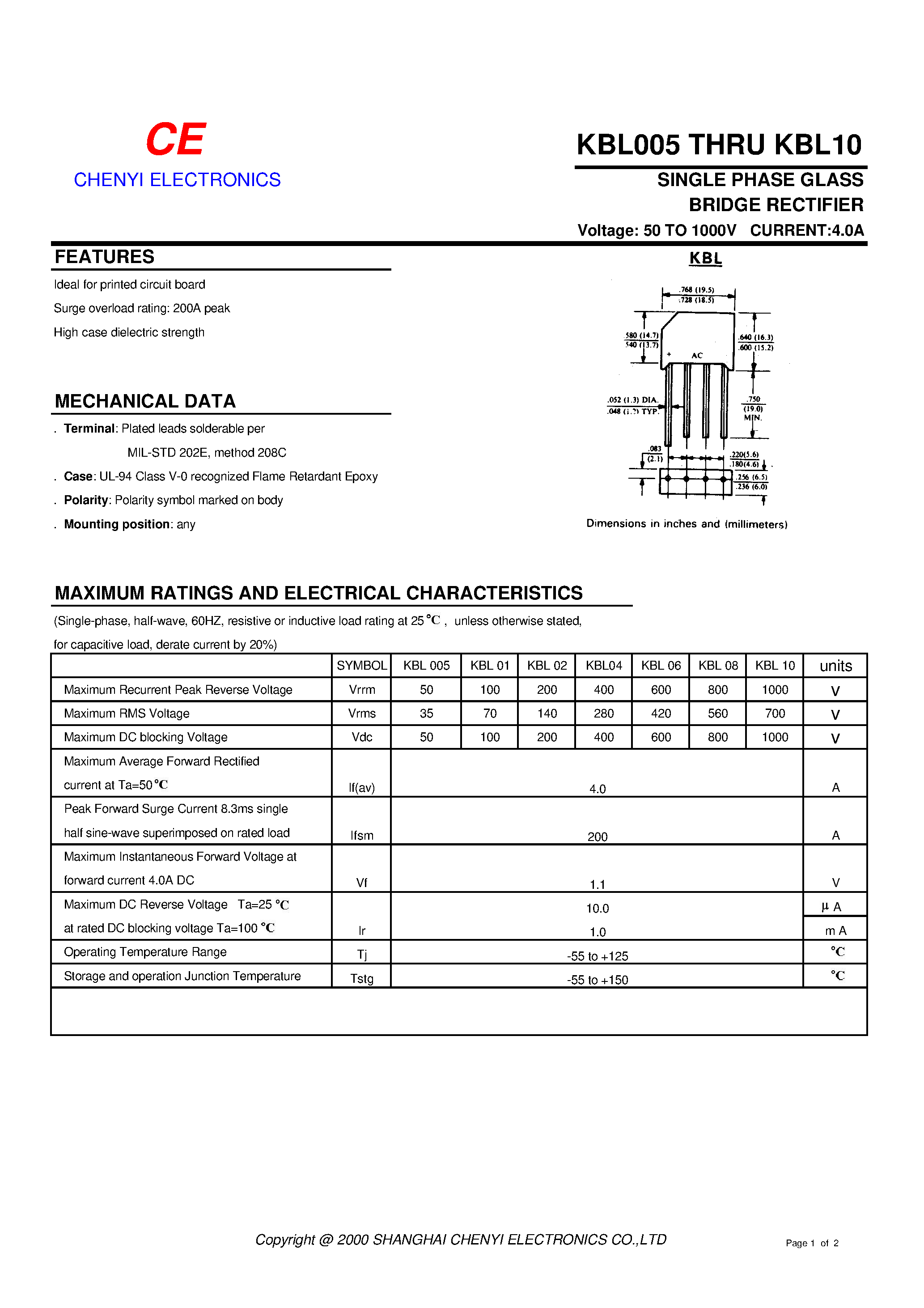 Даташит KBL10 - SINGLE PHASE GLASS BRIDGE RECTIFIER страница 1