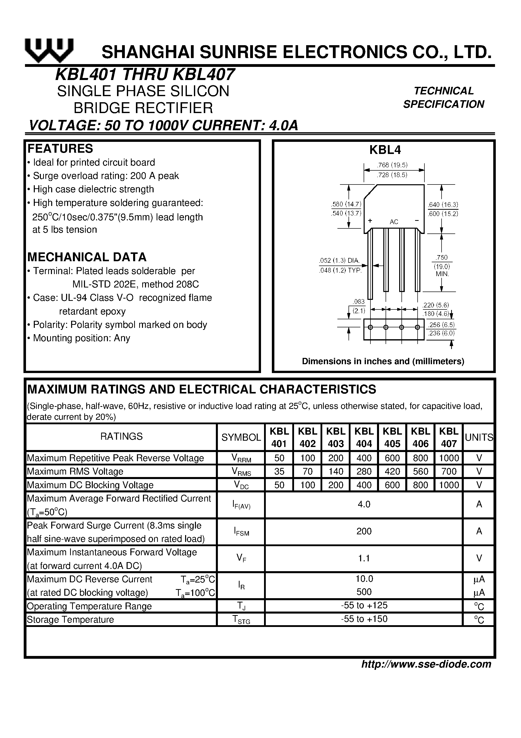 Datasheet KBL401 - SINGLE PHASE SILICON BRIDGE RECTIFIER page 1