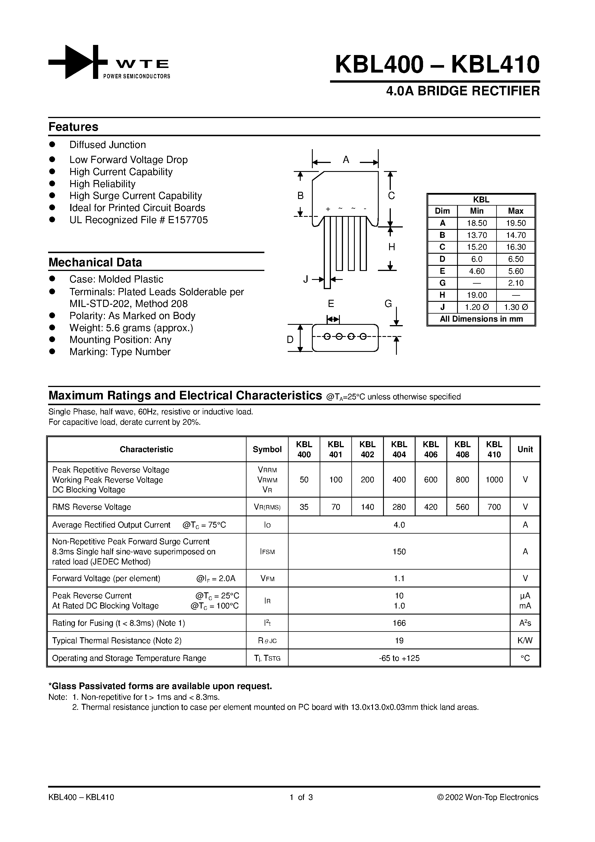 Даташит на микросхему KBL402 страница 1 Даташит KBL402 - 4.0A BRIDGE RECTIFIER страница 1