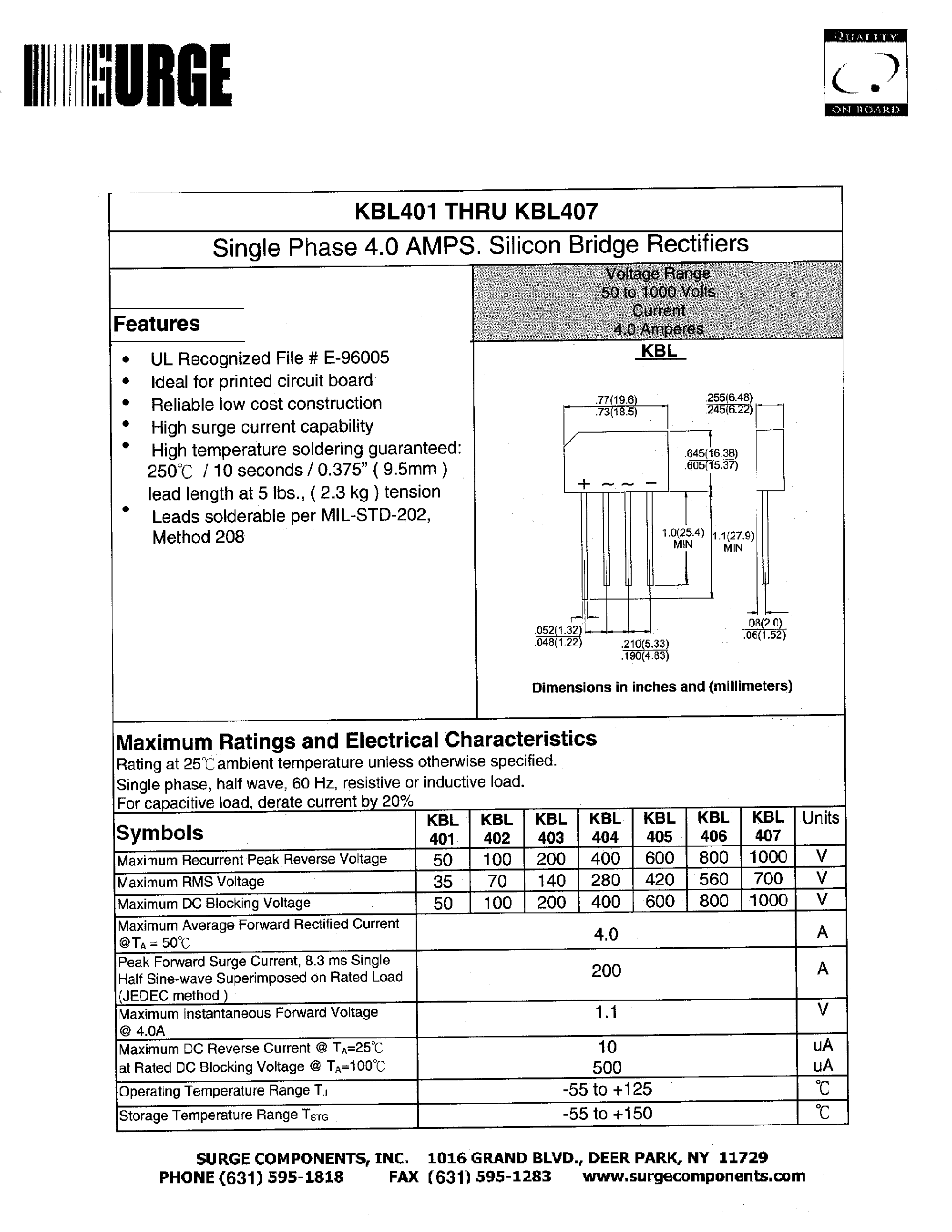 Даташит на микросхему KBL402 страница 1 Даташит KBL402 - Single Phase 4.0 AMPS. Silicon Bridge Rectifiers страница 1