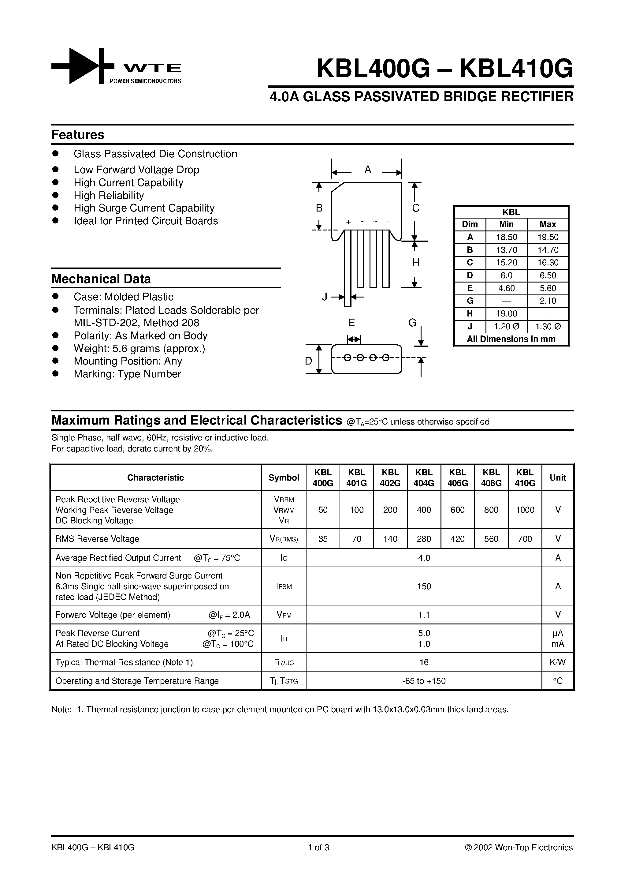 Даташит на микросхему KBL404G страница 1 Даташит KBL404G - 4.0A GLASS PASSIVATED BRIDGE RECTIFIER страница 1