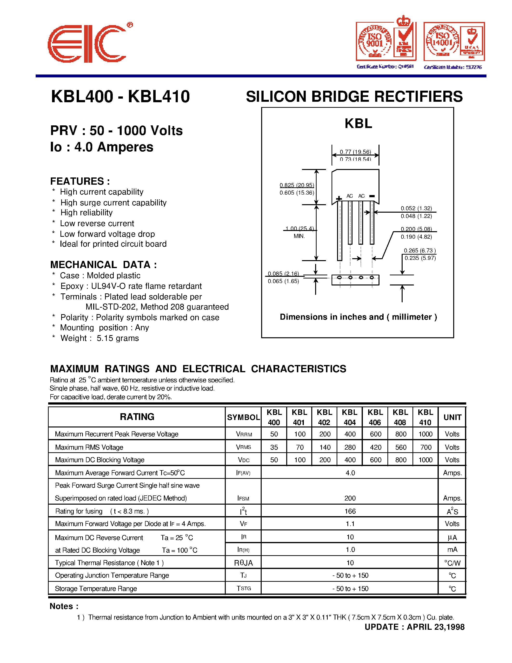 Даташит KBL410 - SILICON BRIDGE RECTIFIERS страница 1