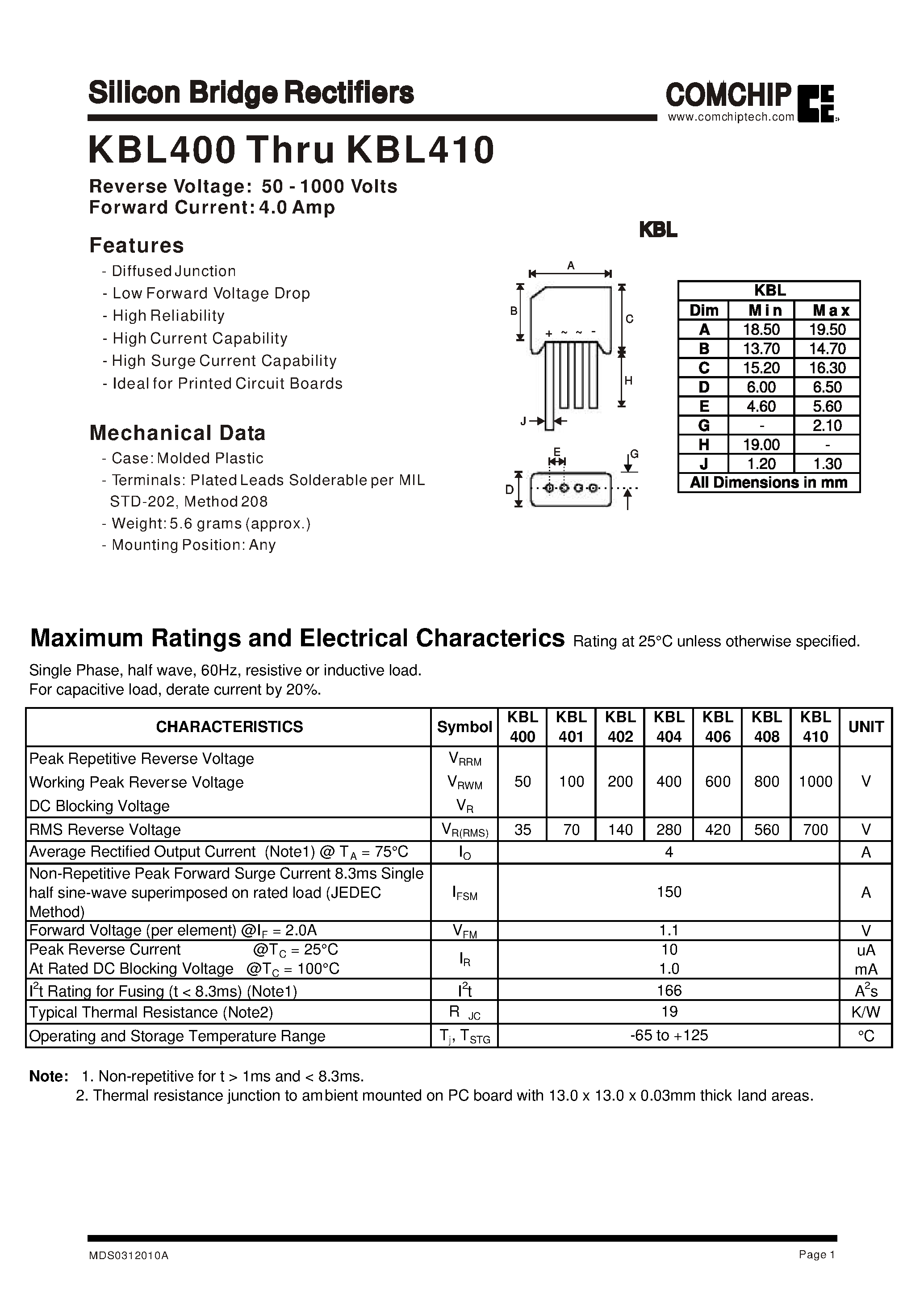 Даташит KBL410 - Silicon Bridge Rectifiers страница 1