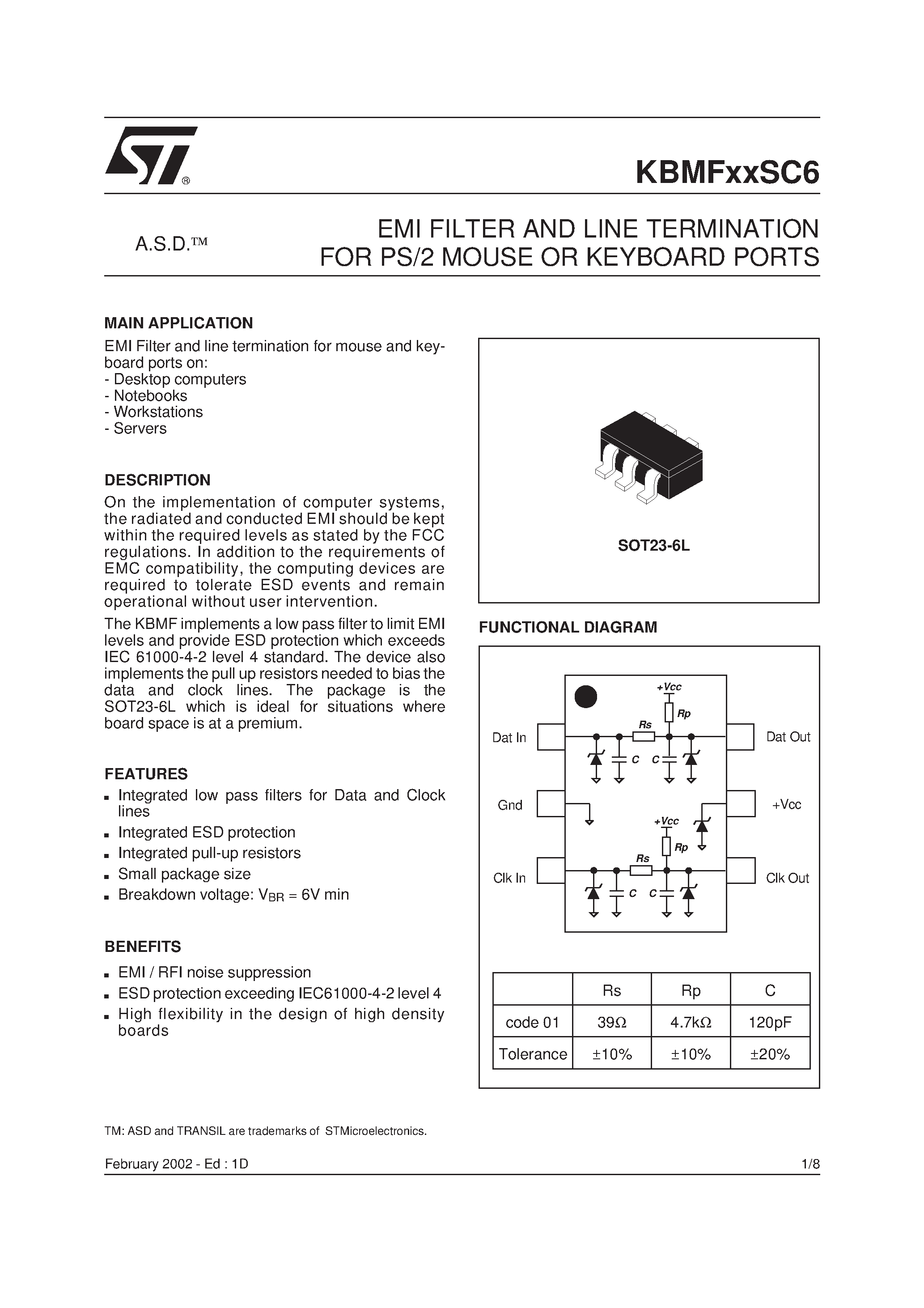 Datasheet KBMFXXSC6 - EMI FILTER AND LINE TERMINATION FOR PS/2 MOUSE OR KEYBOARD PORTS page 1