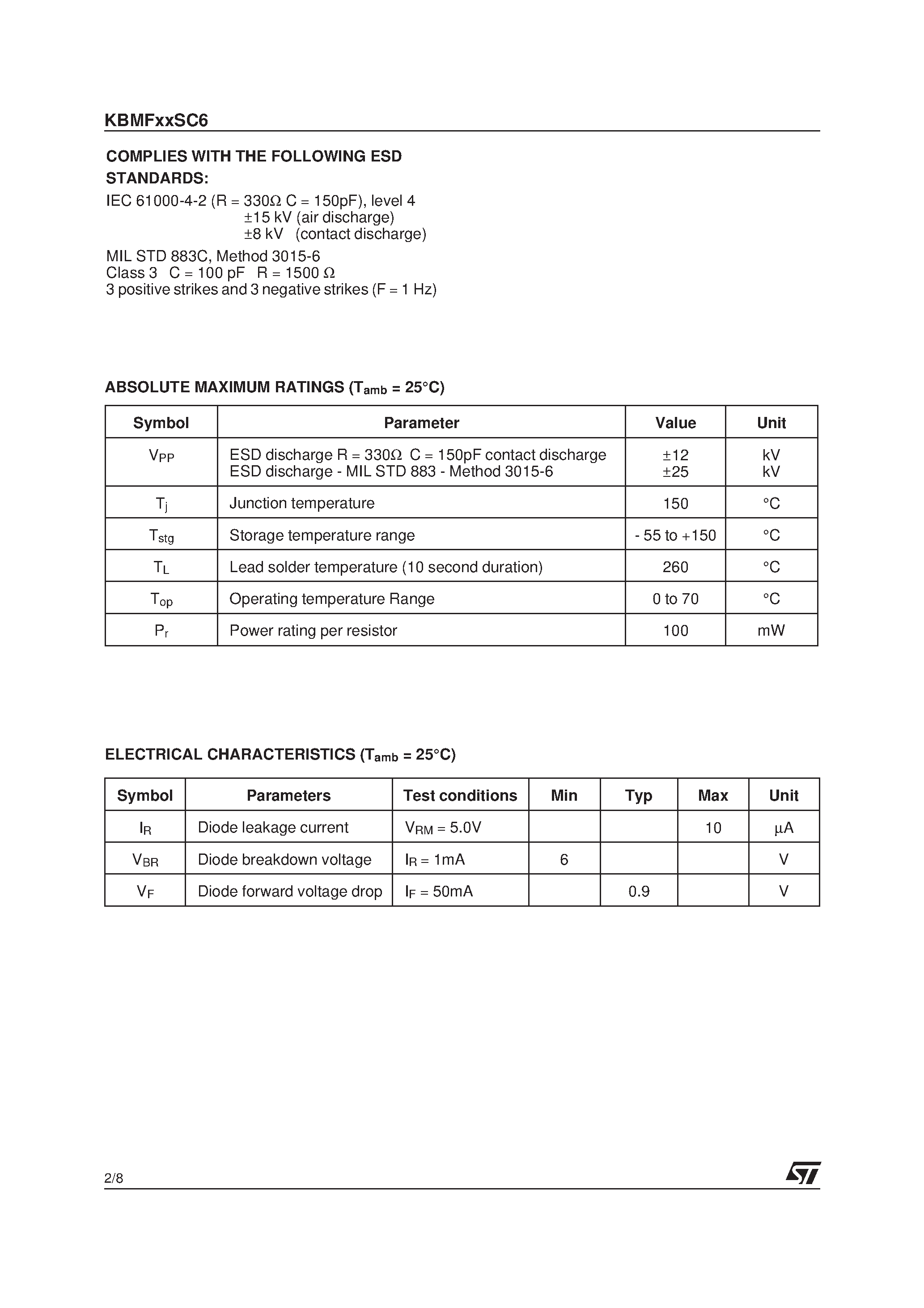 Datasheet KBMFXXSC6 - EMI FILTER AND LINE TERMINATION FOR PS/2 MOUSE OR KEYBOARD PORTS page 2