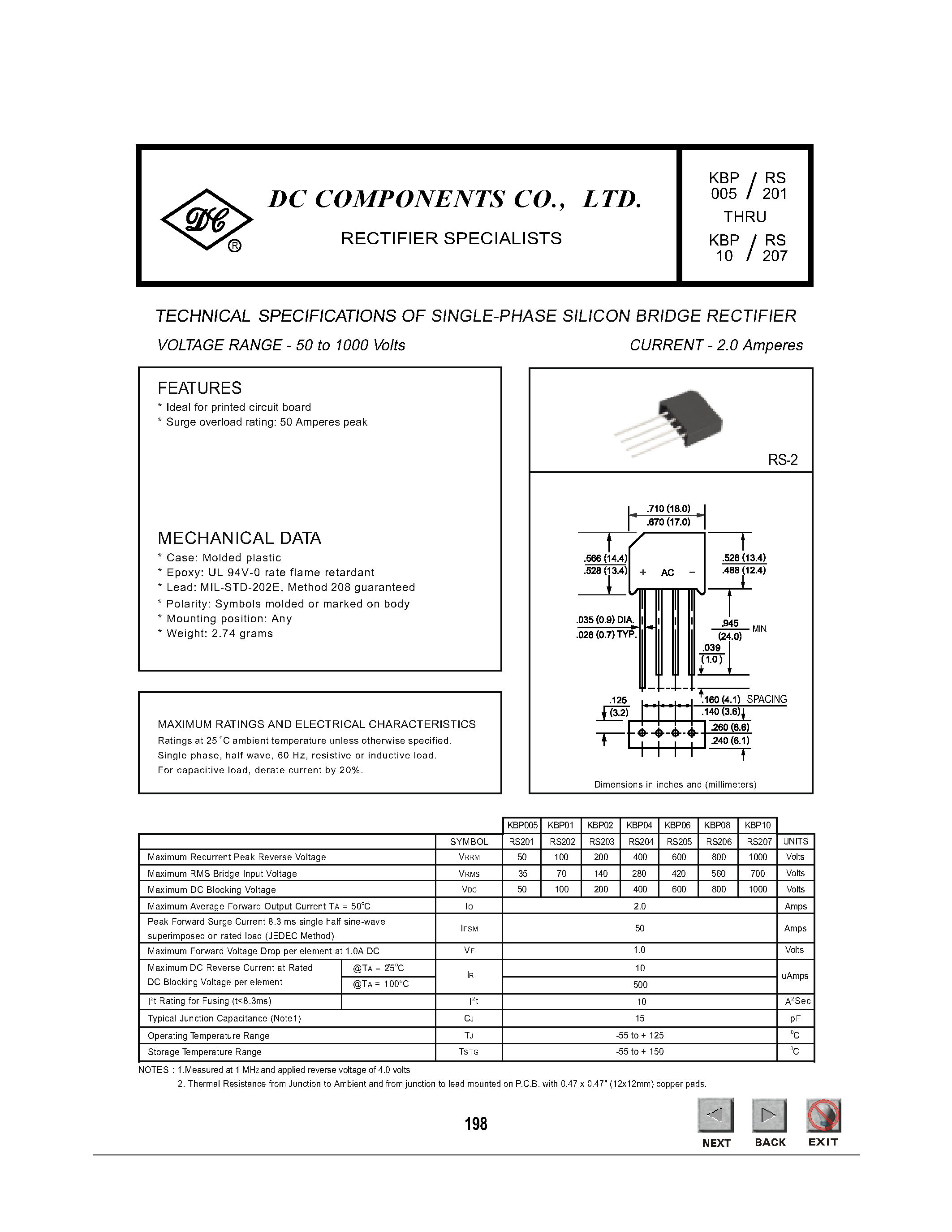 Datasheet KBP005 page 1 Datasheet KBP005 - TECHNICAL SPECIFICATIONS OF SINGLE-PHASE SILICON BRIDGE RECTIFIER page 1