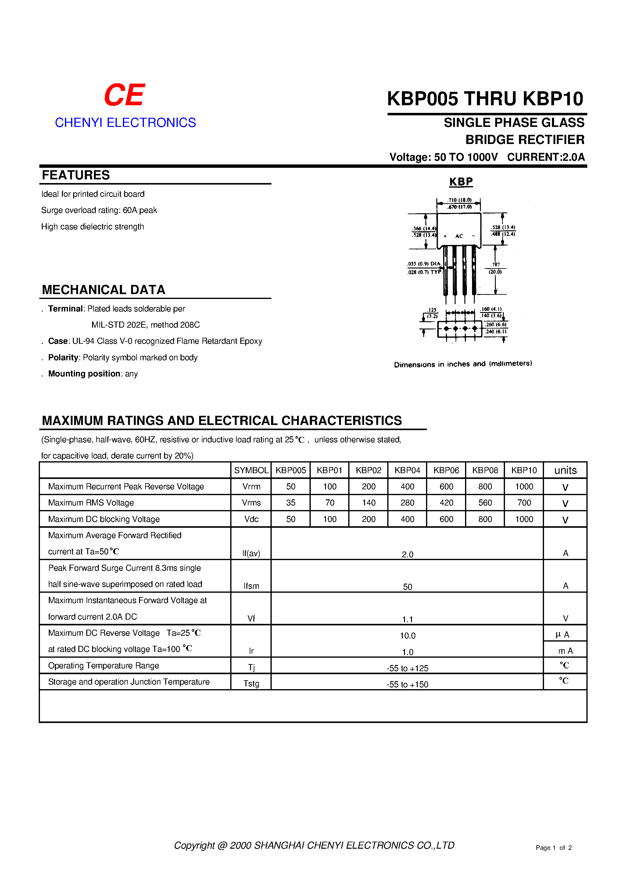 Datasheet KBP005 - SINGLE PHASE GLASS PASSIVATED BRIDGE RECTIFIER page 1