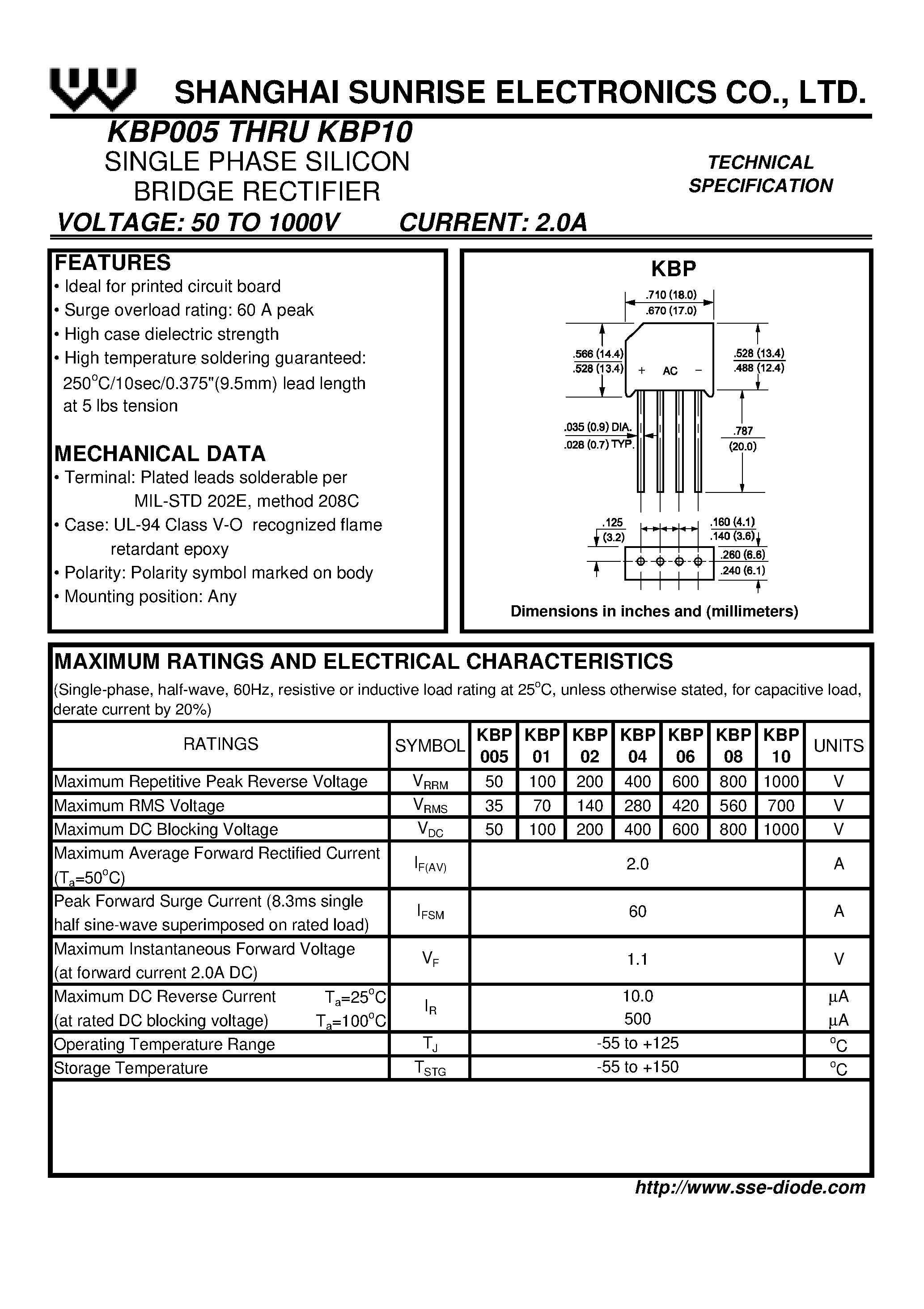 Datasheet KBP01 page 1 Datasheet KBP01 - SINGLE PHASE SILICON BRIDGE RECTIFIER page 1