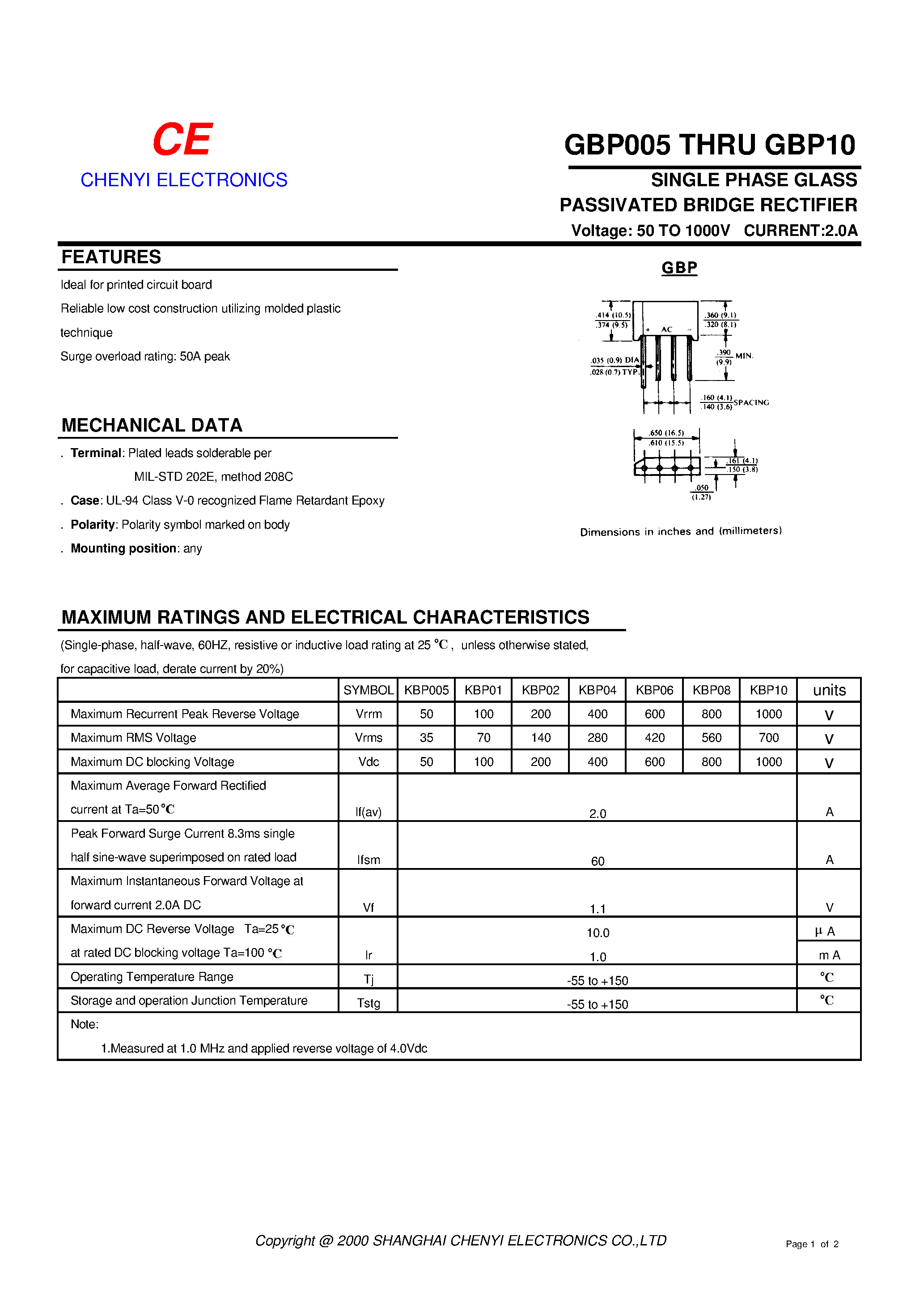 Datasheet KBP02 page 1 Datasheet KBP02 - SINGLE PHASE GLASS BRIDGE RECTIFIER page 1