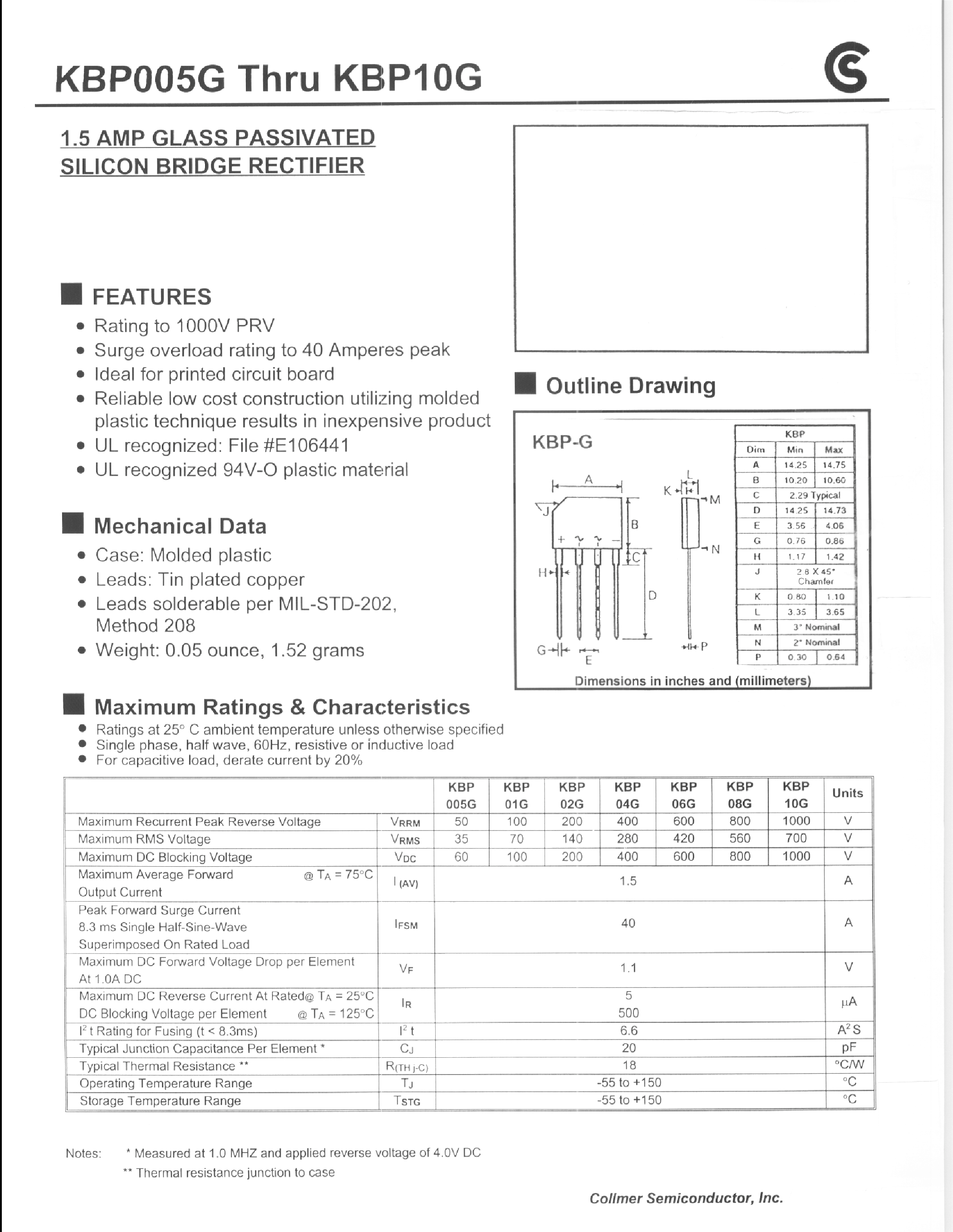 Datasheet KBP08G - 1.5 AMP GLASS PASSIVATED SILICON BRIDGE RECTIFIER page 1
