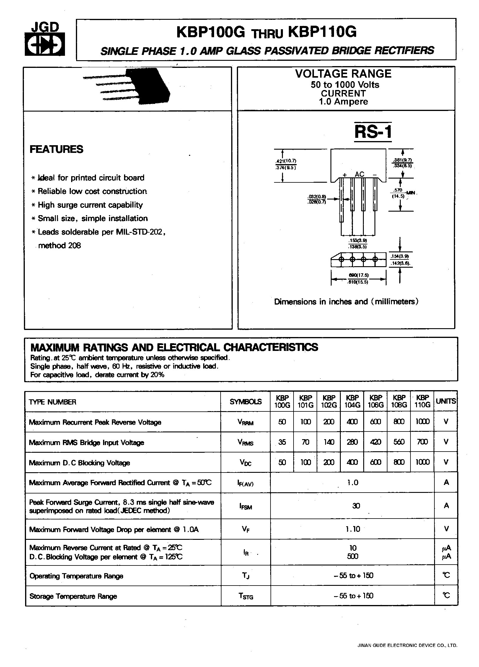 Datasheet KBP104G - SINGLE PHASE 1.0 AMP GLASS PASSIVATED BRIDGE RECTIFIERS page 1