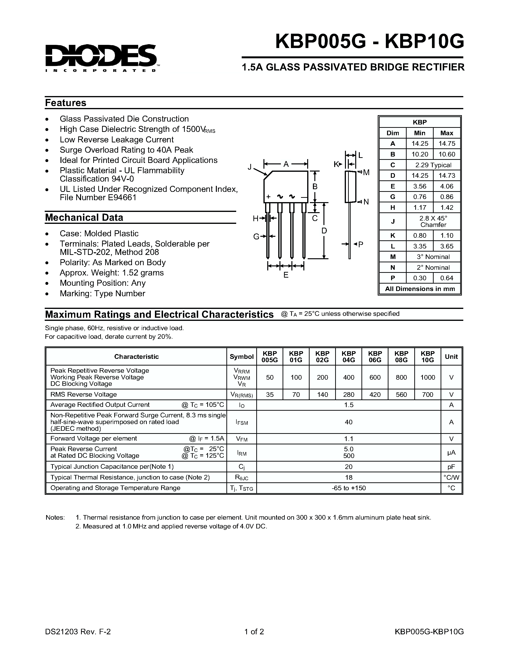 Даташит на микросхему KBP10G страница 1 Даташит KBP10G - 1.5A GLASS PASSIVATED BRIDGE RECTIFIER страница 1