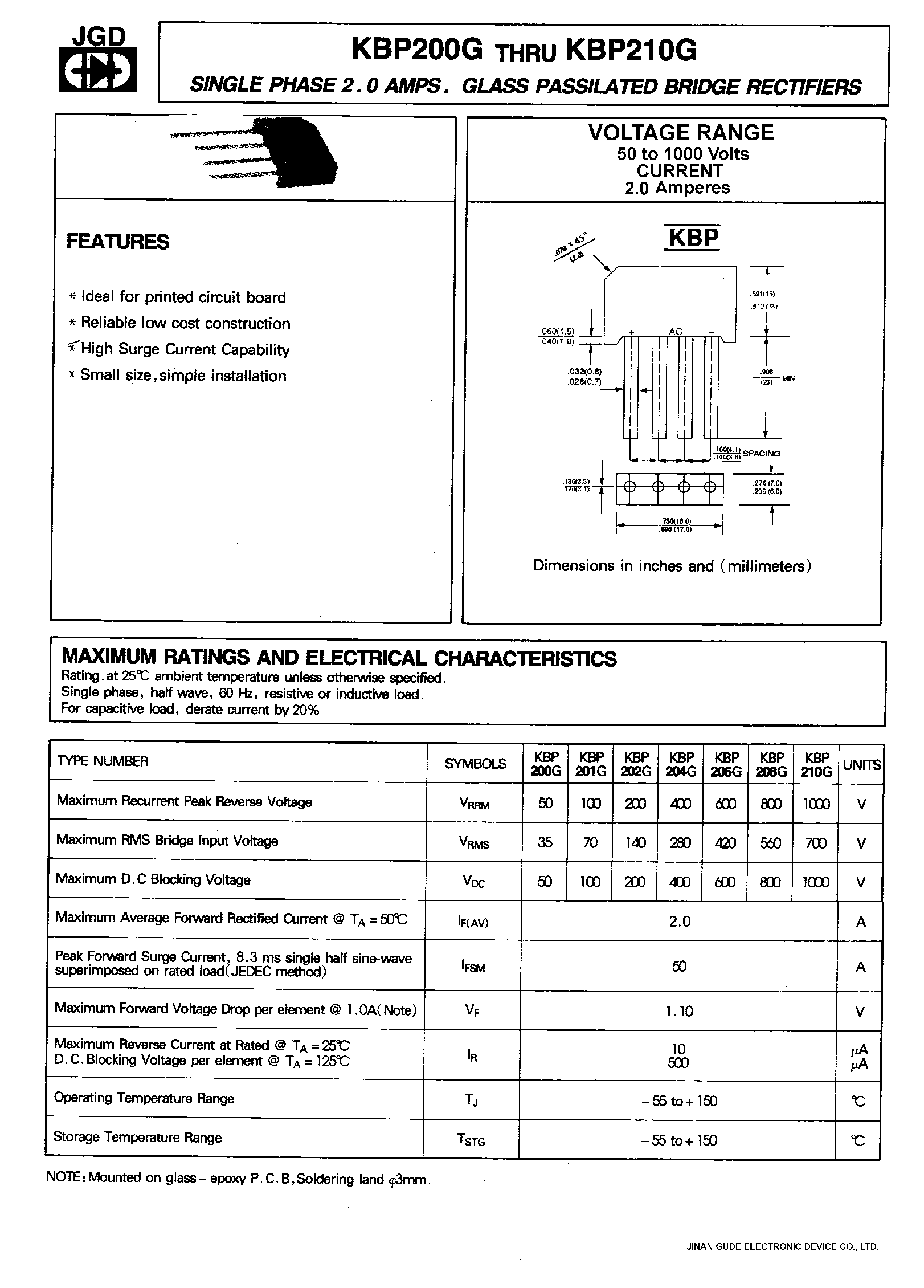 Datasheet KBP202G page 1 Datasheet KBP202G - SINGLE PHASE 2.0 AMPS. GLASS PASSIVATED BRIDGE RECTIFIERS page 1