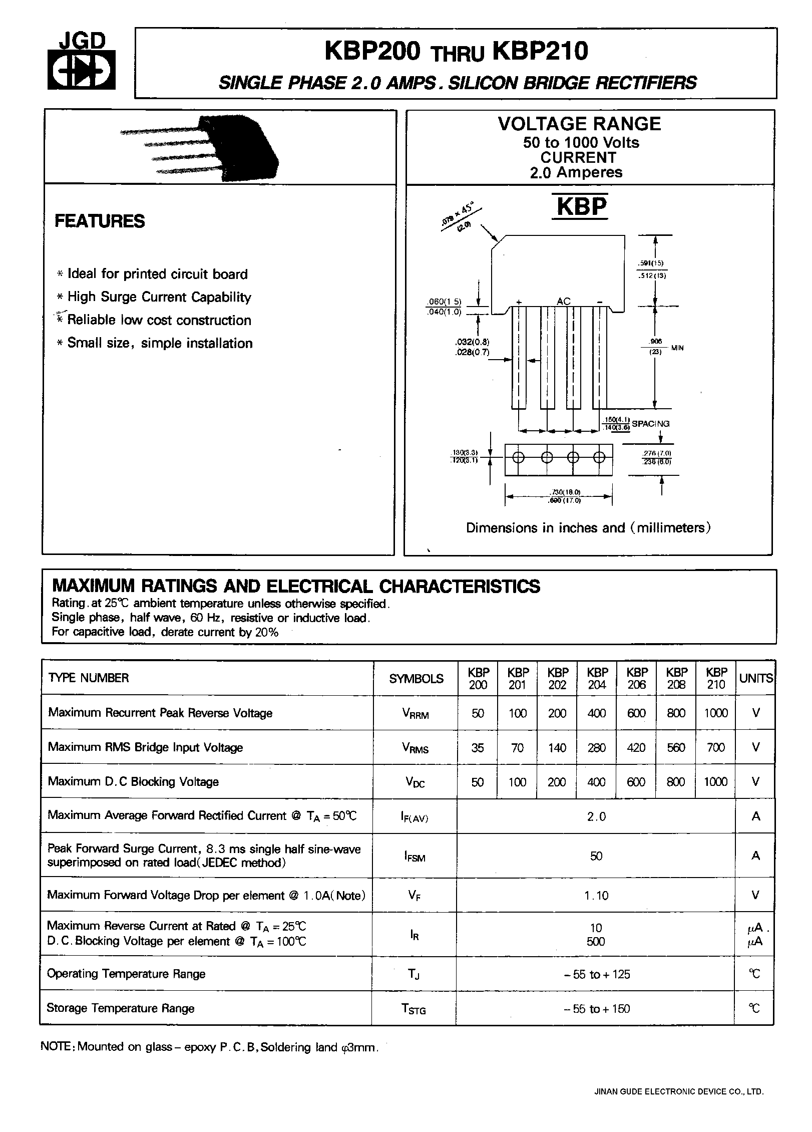 Datasheet KBP208 page 1 Datasheet KBP208 - SINGLE PHASE 2.0 AMPS. SILICON BRIDGE RECTIFIERS page 1