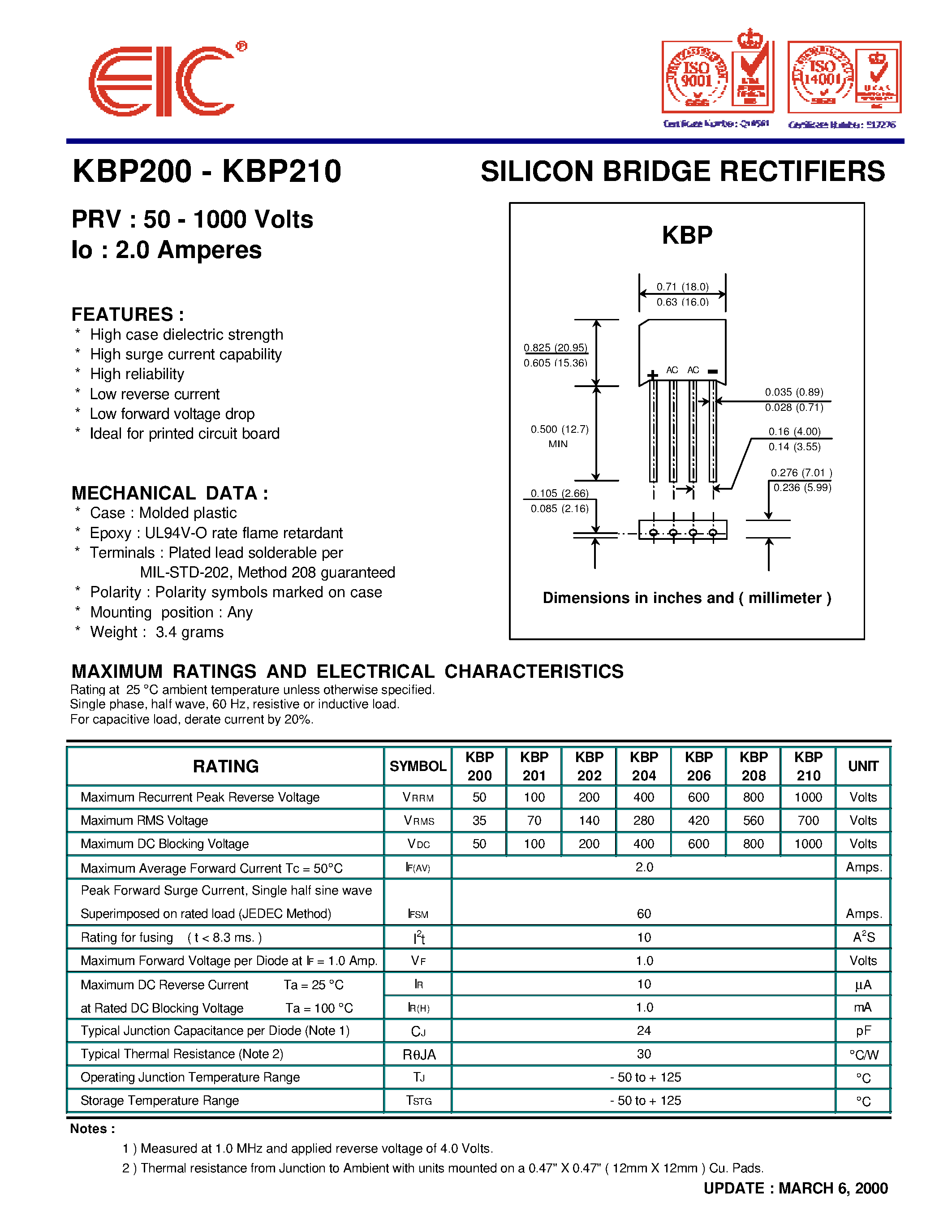 Datasheet KBP210 - SILICON BRIDGE RECTIFIERS page 1