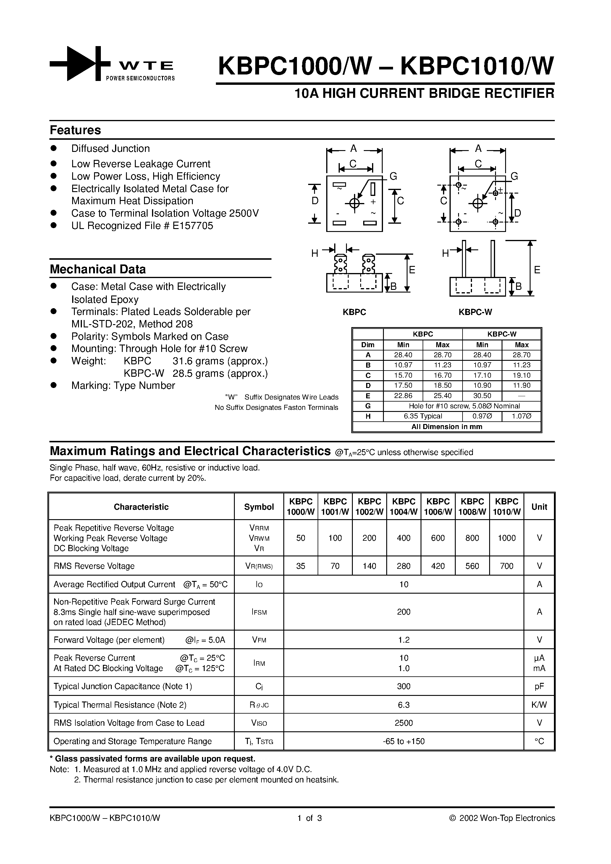 Datasheet KBPC1000 page 1 Datasheet KBPC1000 - 10A HIGH CURRENT BRIDGE RECTIFIER page 1