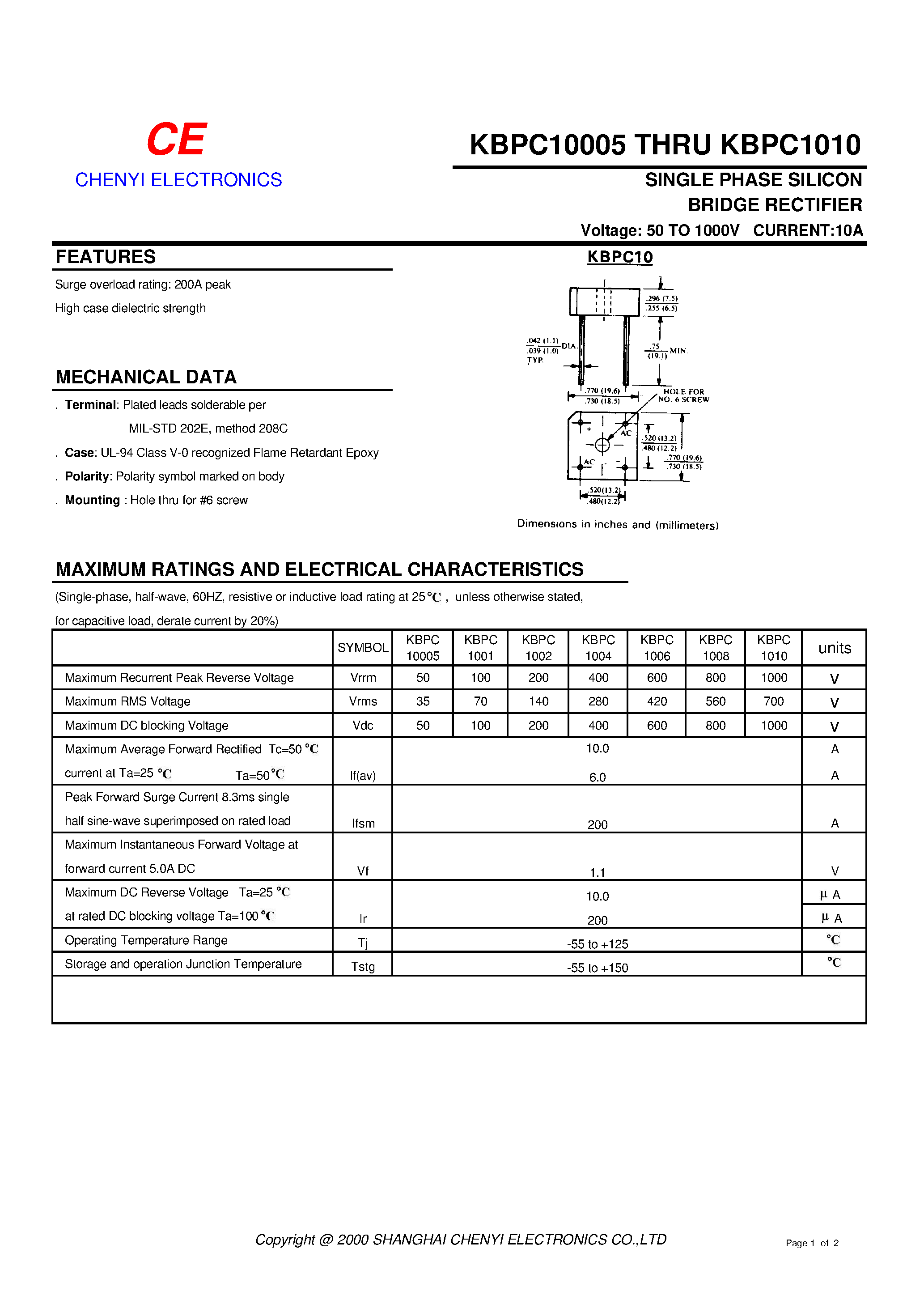Datasheet KBPC10005 page 1 Datasheet KBPC10005 - SINGLE PHASE SILICON BRIDGE RECTIFIER page 1