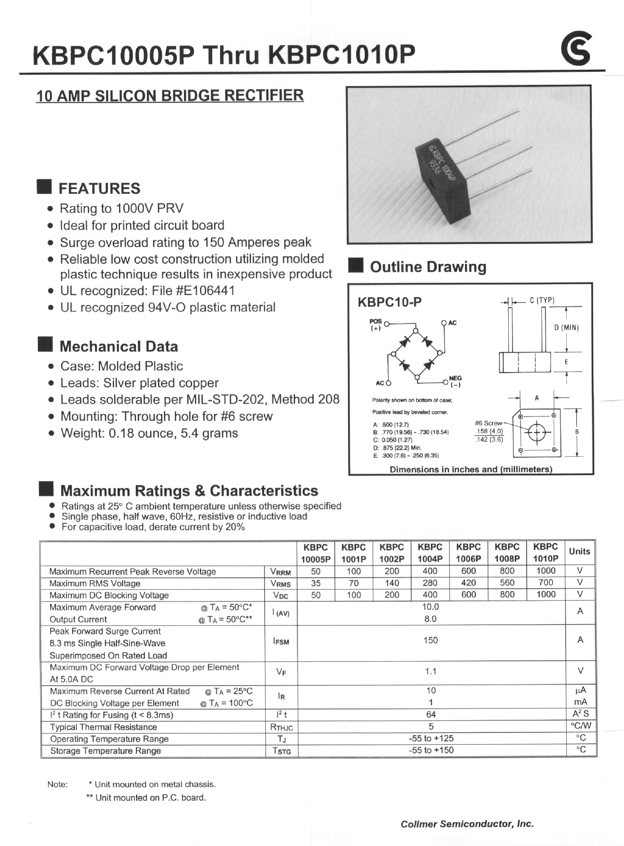 Datasheet KBPC10005P - 10 AMP SILICON BRIDGE RECTIFIER page 1