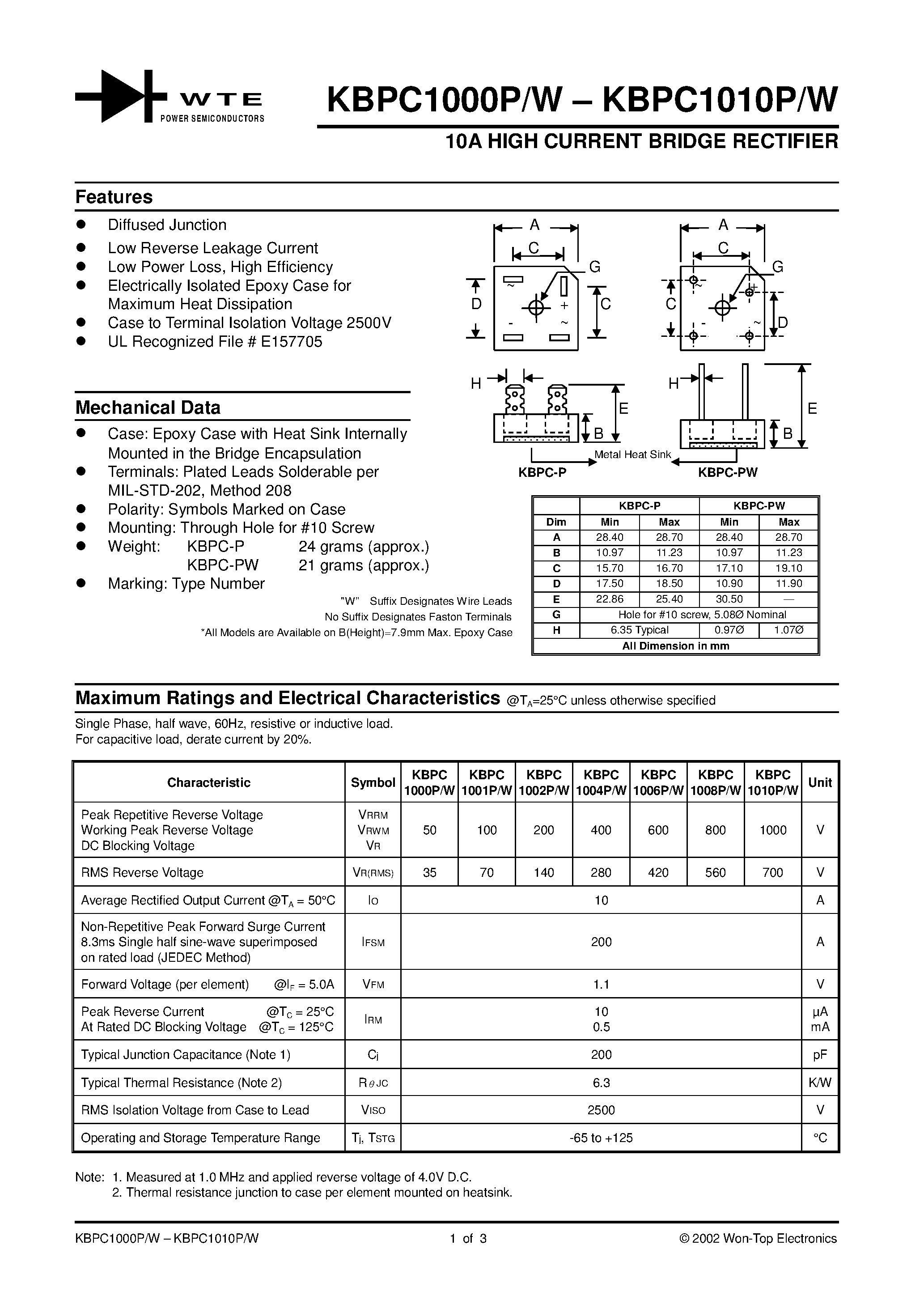 Datasheet KBPC1000P page 1 Datasheet KBPC1000P - 10A HIGH CURRENT BRIDGE RECTIFIER page 1