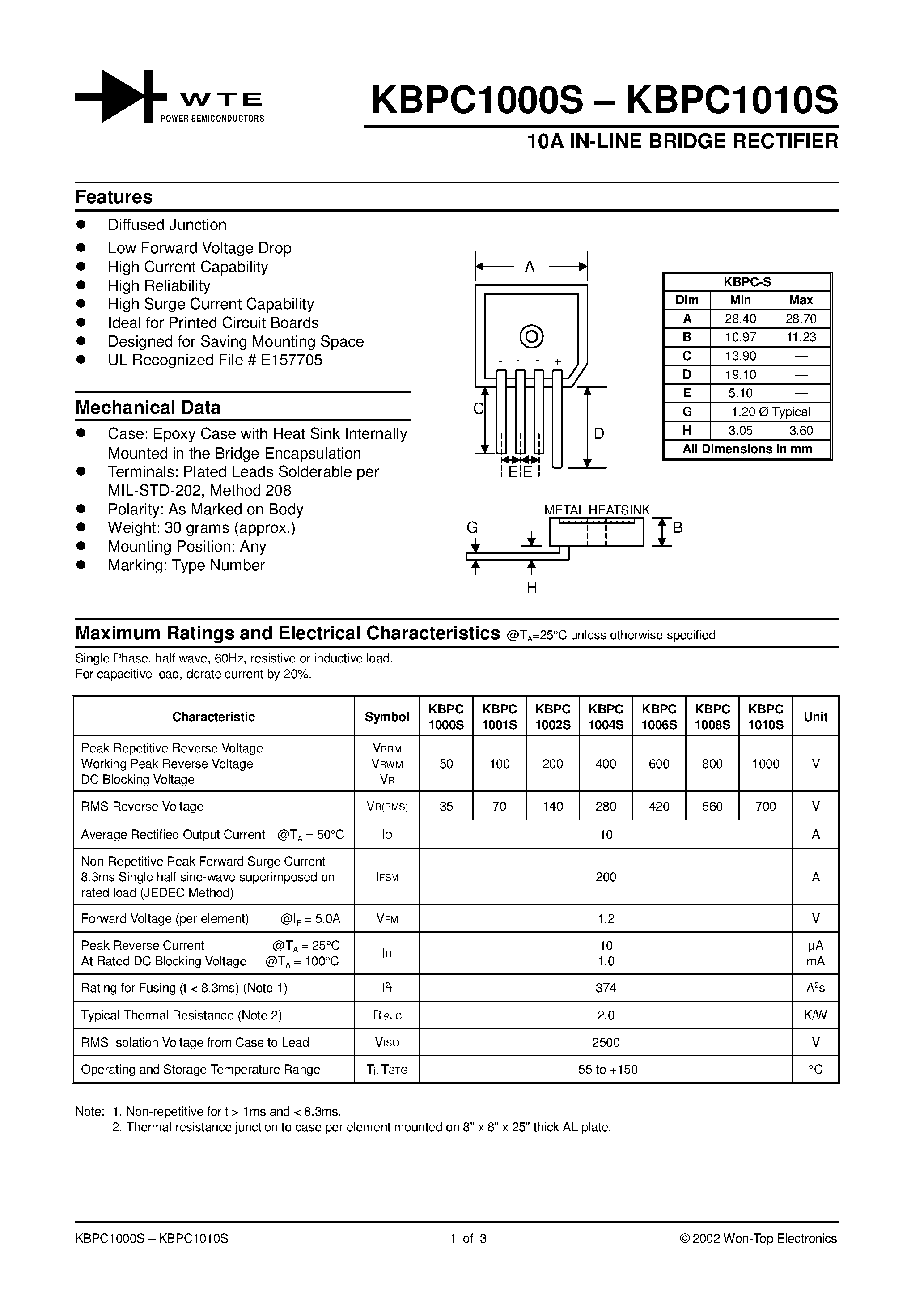Datasheet KBPC1000S page 1 Datasheet KBPC1000S - 10A IN-LINE BRIDGE RECTIFIER page 1