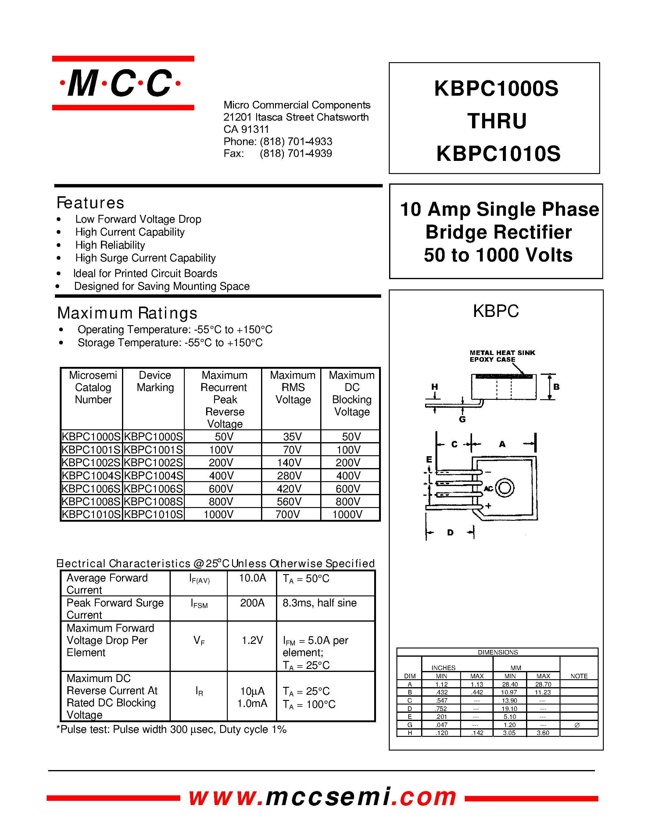 Datasheet KBPC1000S - 10 Amp Single Phase Bridge Rectifier 50 to 1000 Volts page 1