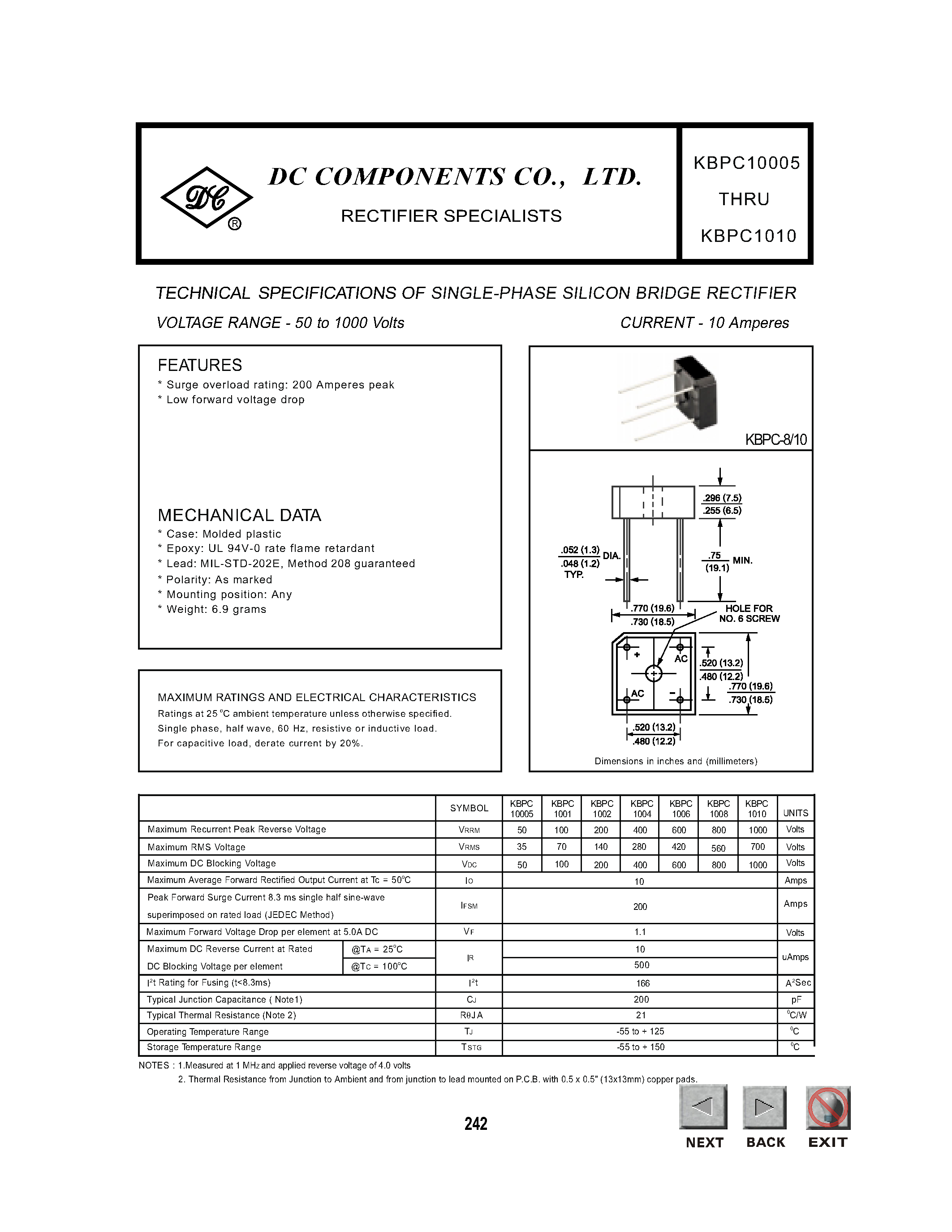 Datasheet KBPC1001 - TECHNICAL SPECIFICATIONS OF SINGLE-PHASE SILICON BRIDGE RECTIFIER page 1
