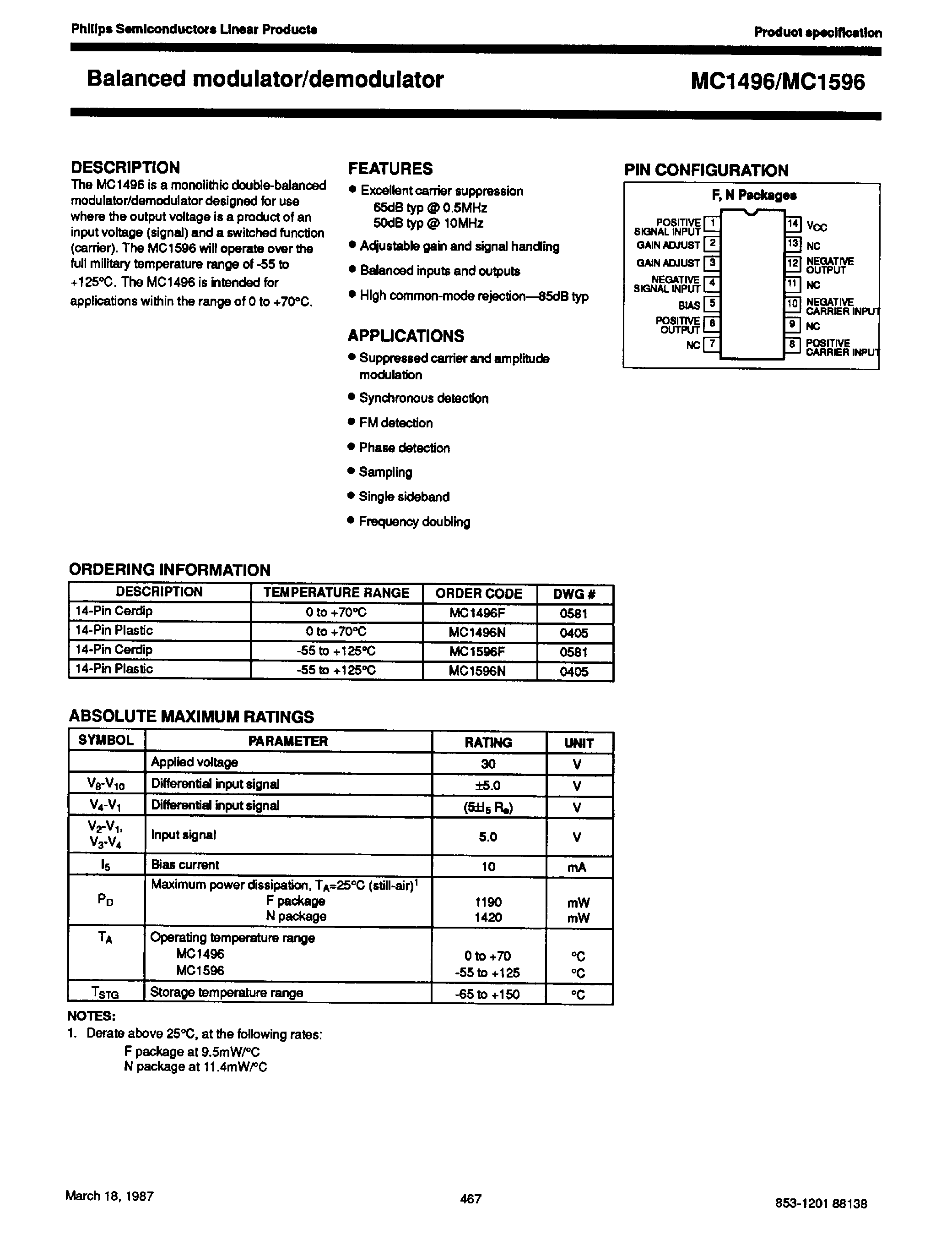 Даташит на микросхему MC1596 страница 1 Даташит MC1596 - Balanced Modulator / Demodulator страница 1