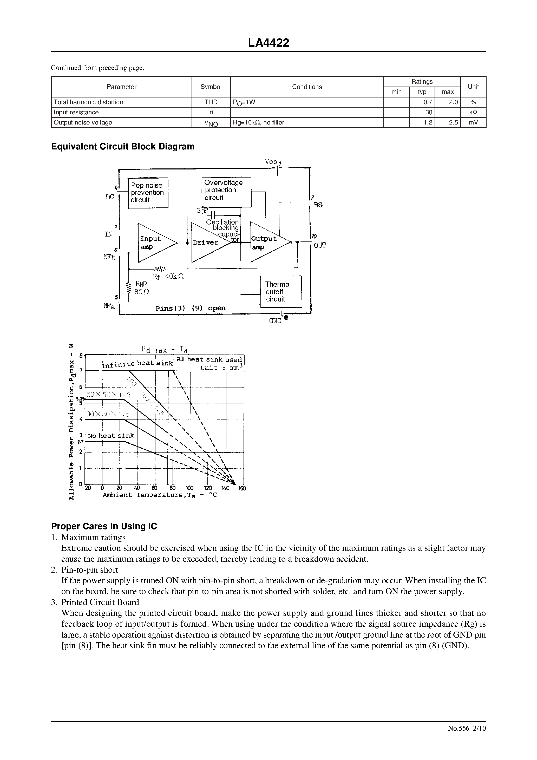Даташит LA4422 - 5.8W typ AF Power Amplifier for Car Stereos / Car Radios страница 2
