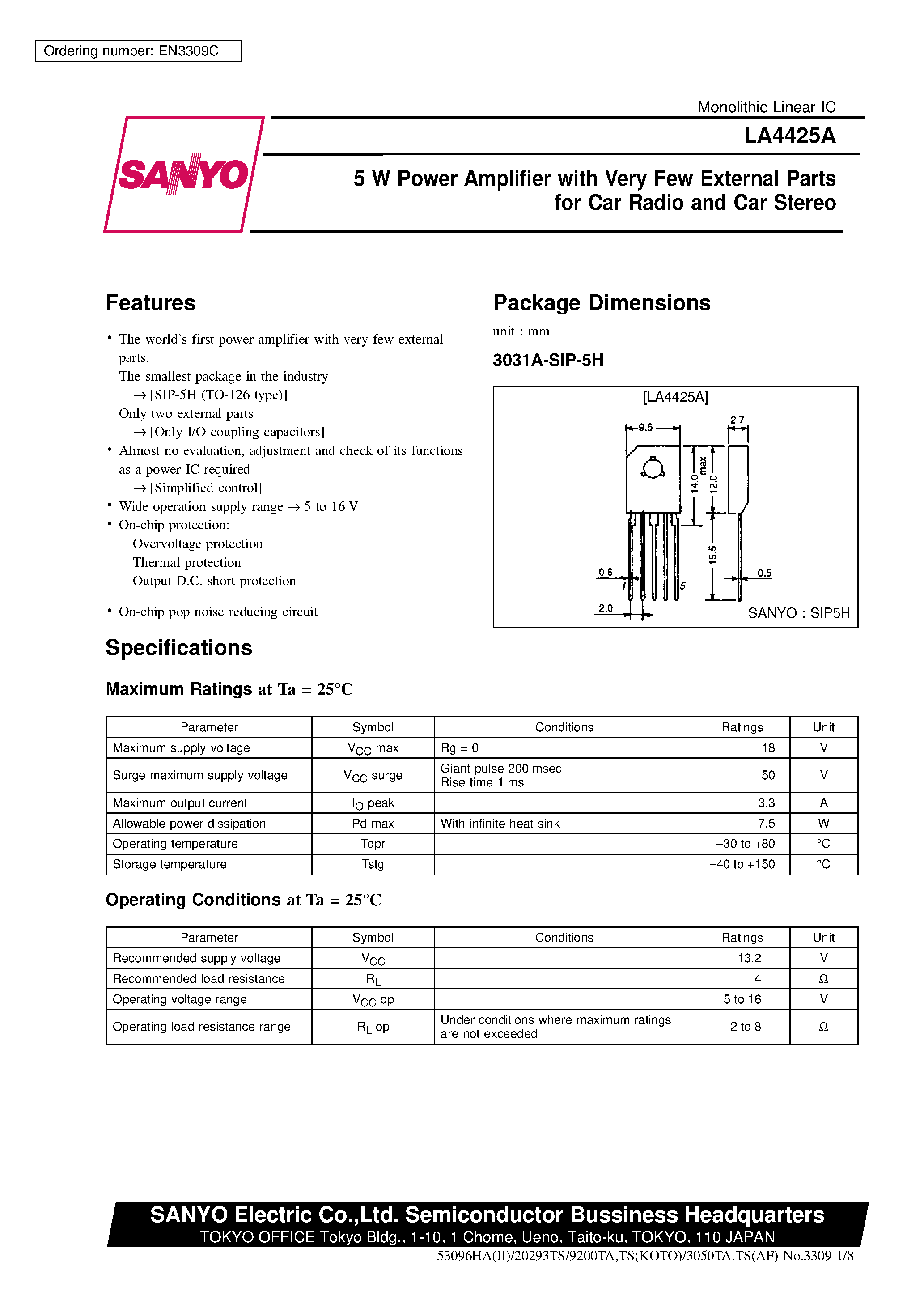 Datasheet LA4425A page 1 Datasheet LA4425A - 5 W Power Amplifier with Very Few External Parts for Car Radio and Car Stereo page 1
