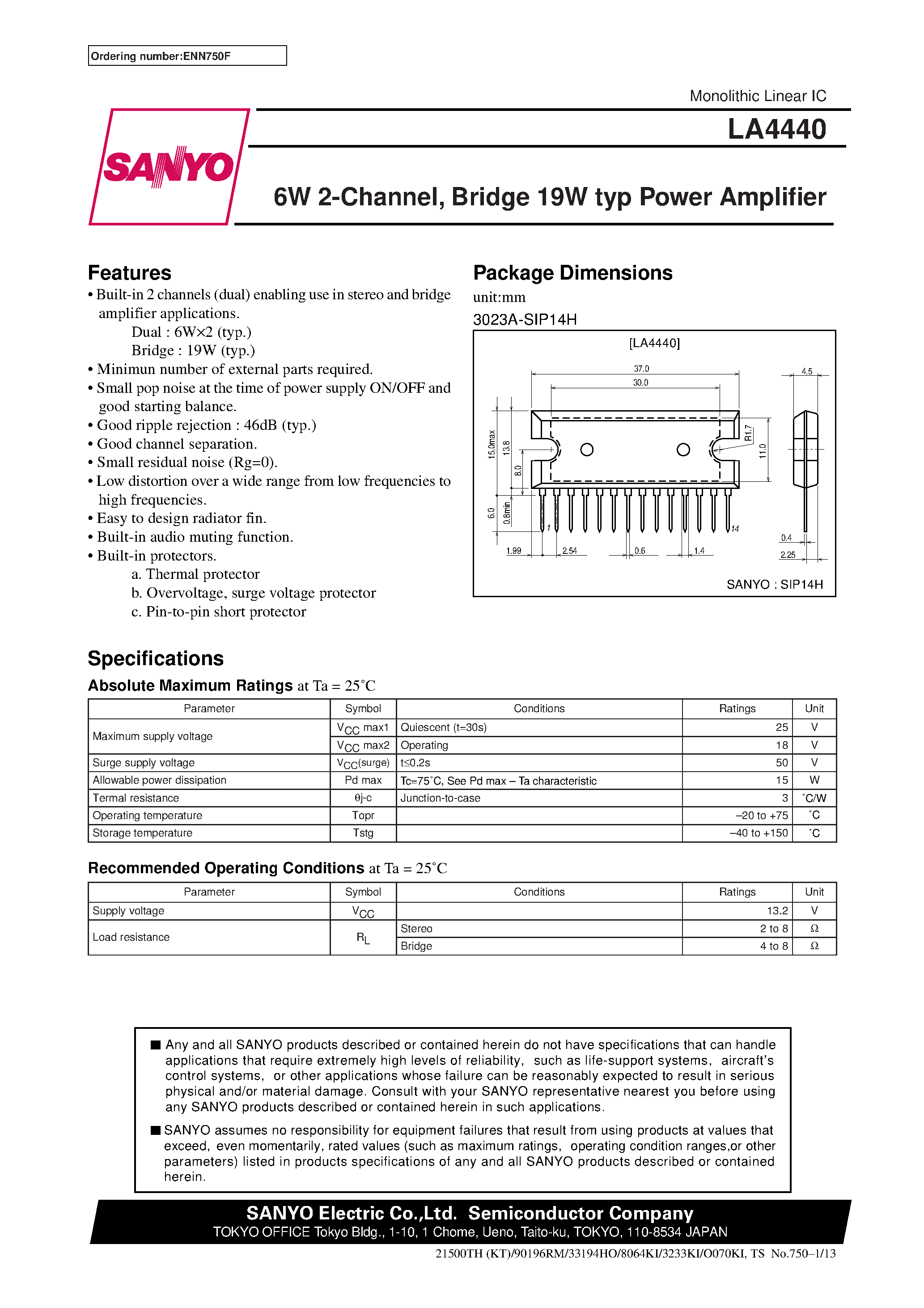 Даташит LA4440 - 6W 2-Channel / Bridge 19W typ Power Amplifier страница 1