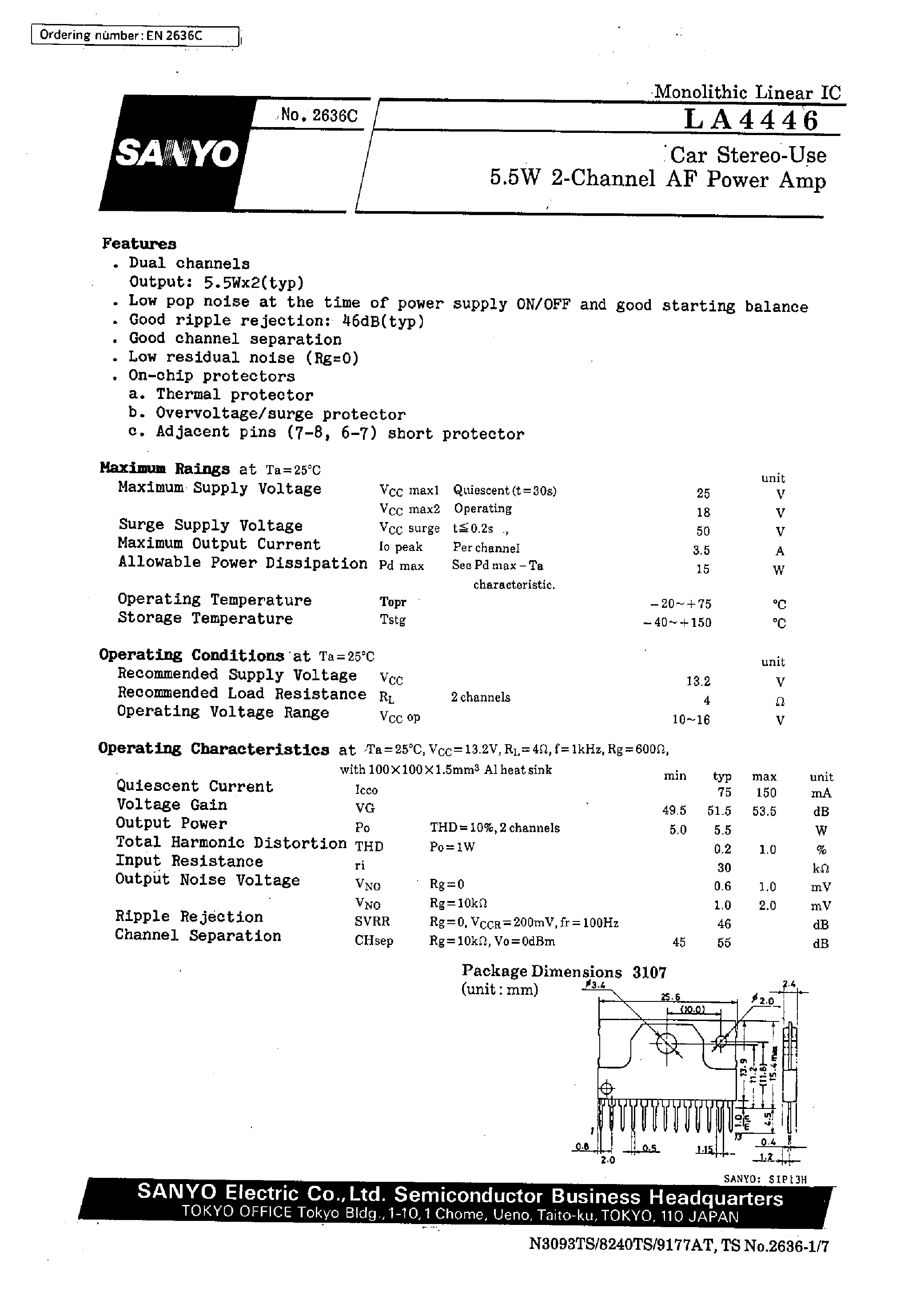 Datasheet LA4446 - 5.5W 2-Channel AF Power Amp page 1