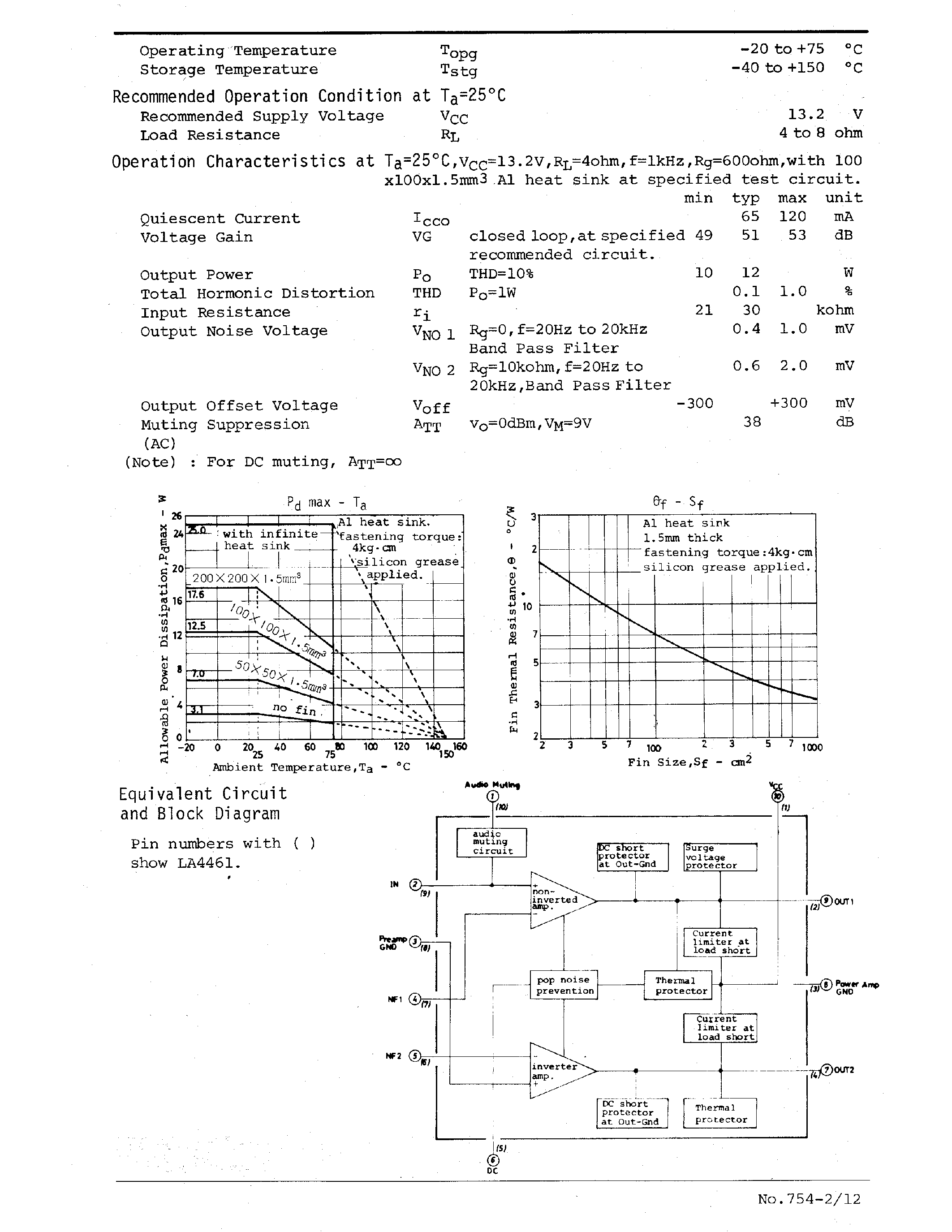 Даташит LA4461 - 12W AF Power Amplifier For Car Radio or Car Stereo страница 2