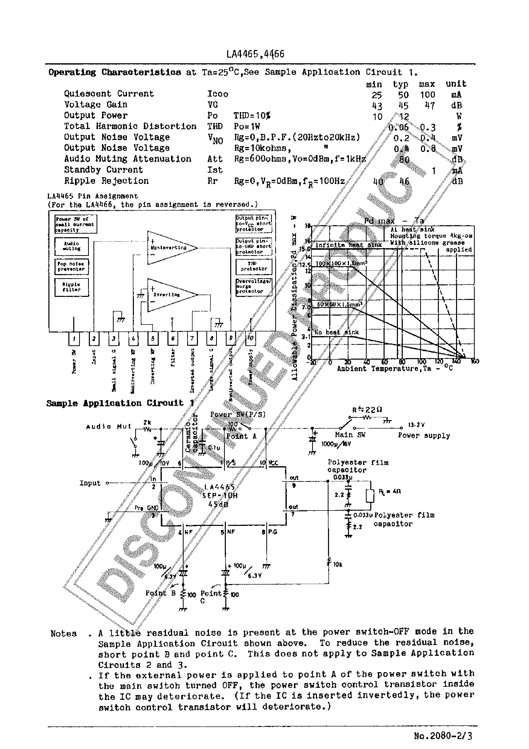 Даташит LA4466 - BTL-OCL 12W AF Power Amp For Car Stereo Use страница 2