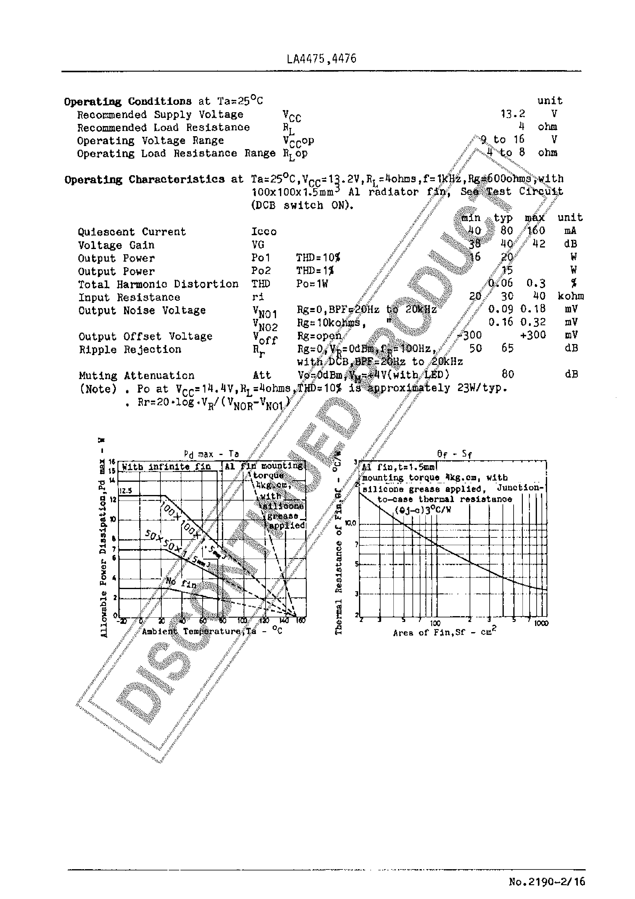 Даташит LA4475 - BTL-OCL Power 20W Amp For Car Stereo Use страница 2