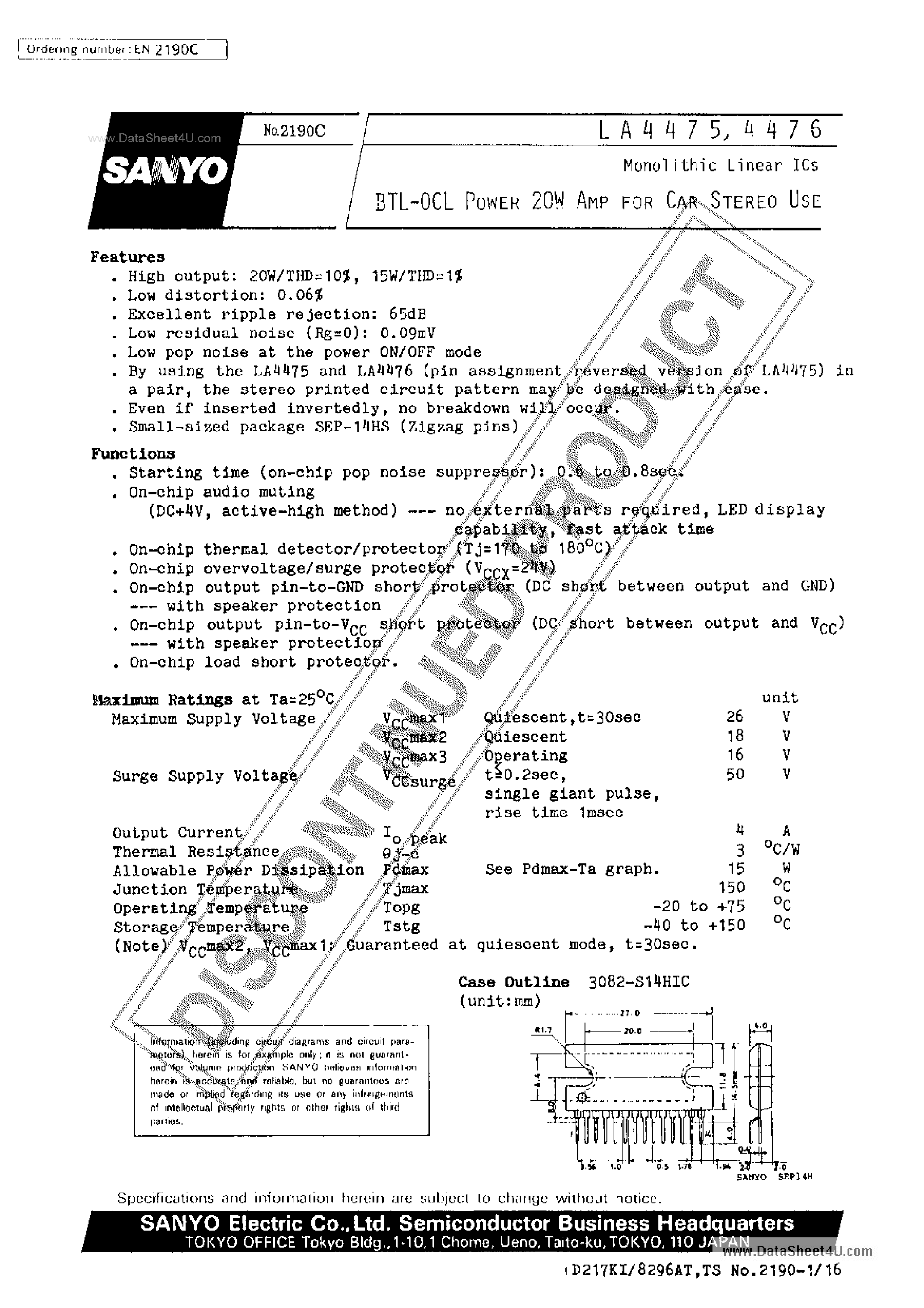 Даташит LA4476 - BTL-OCL Power 20W Amp For Car Stereo Use страница 1