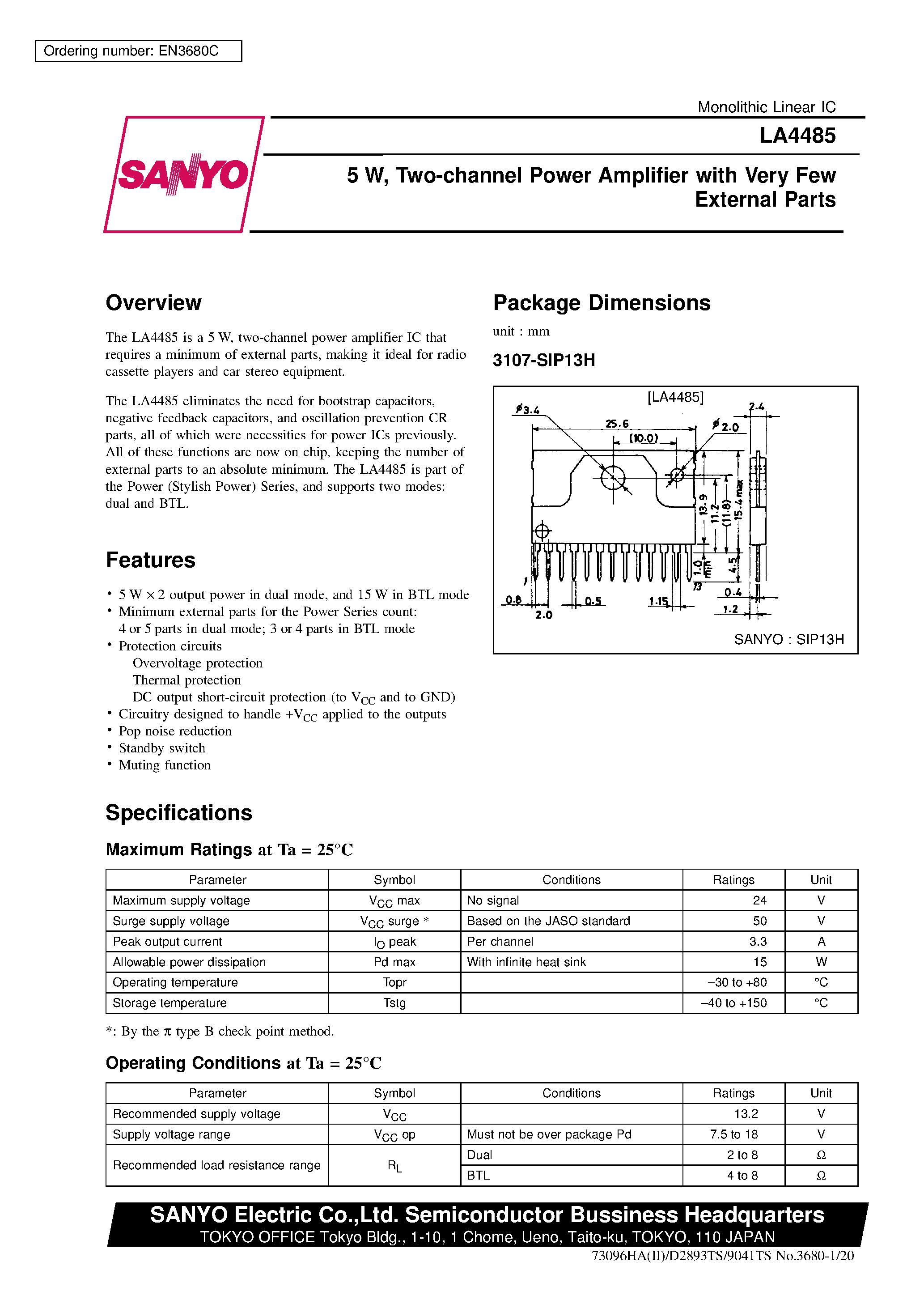 Datasheet LA4485 - 5 W / Two-channel Power Amplifier with Very Few External Parts page 1