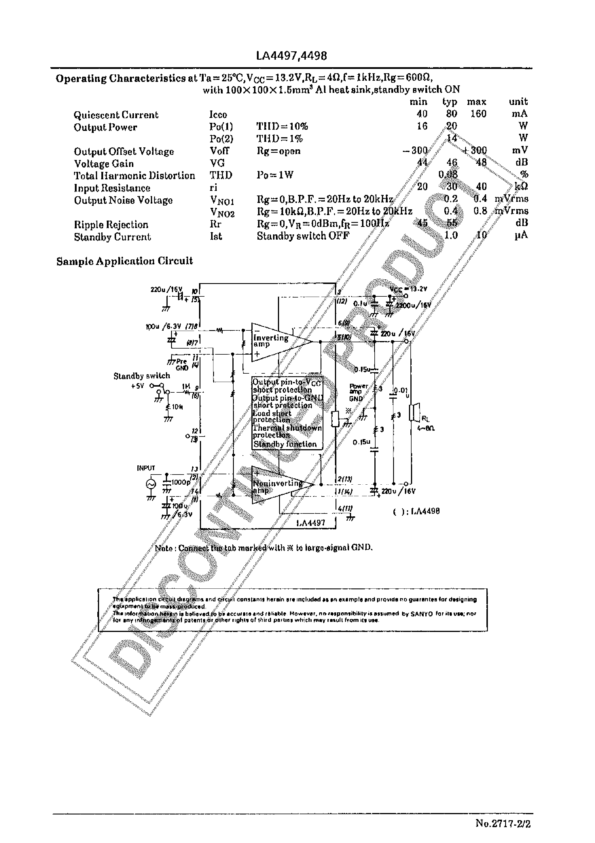 Даташит LA4497 - Car Stereo-Use BTL-OCL 20W AF Power Amp страница 2