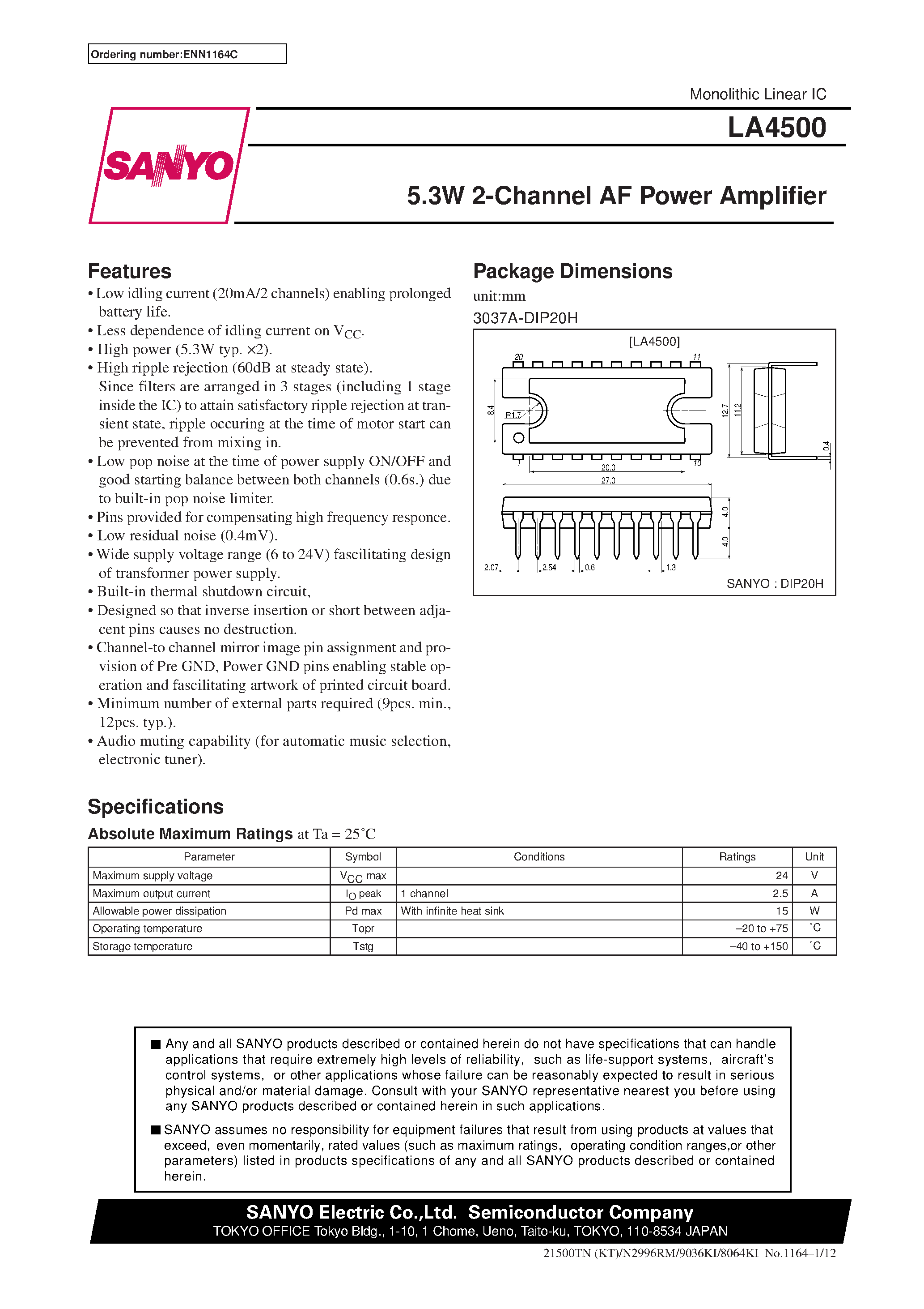 Datasheet LA4500 - 5.3W 2-Channel AF Power Amplifier page 1