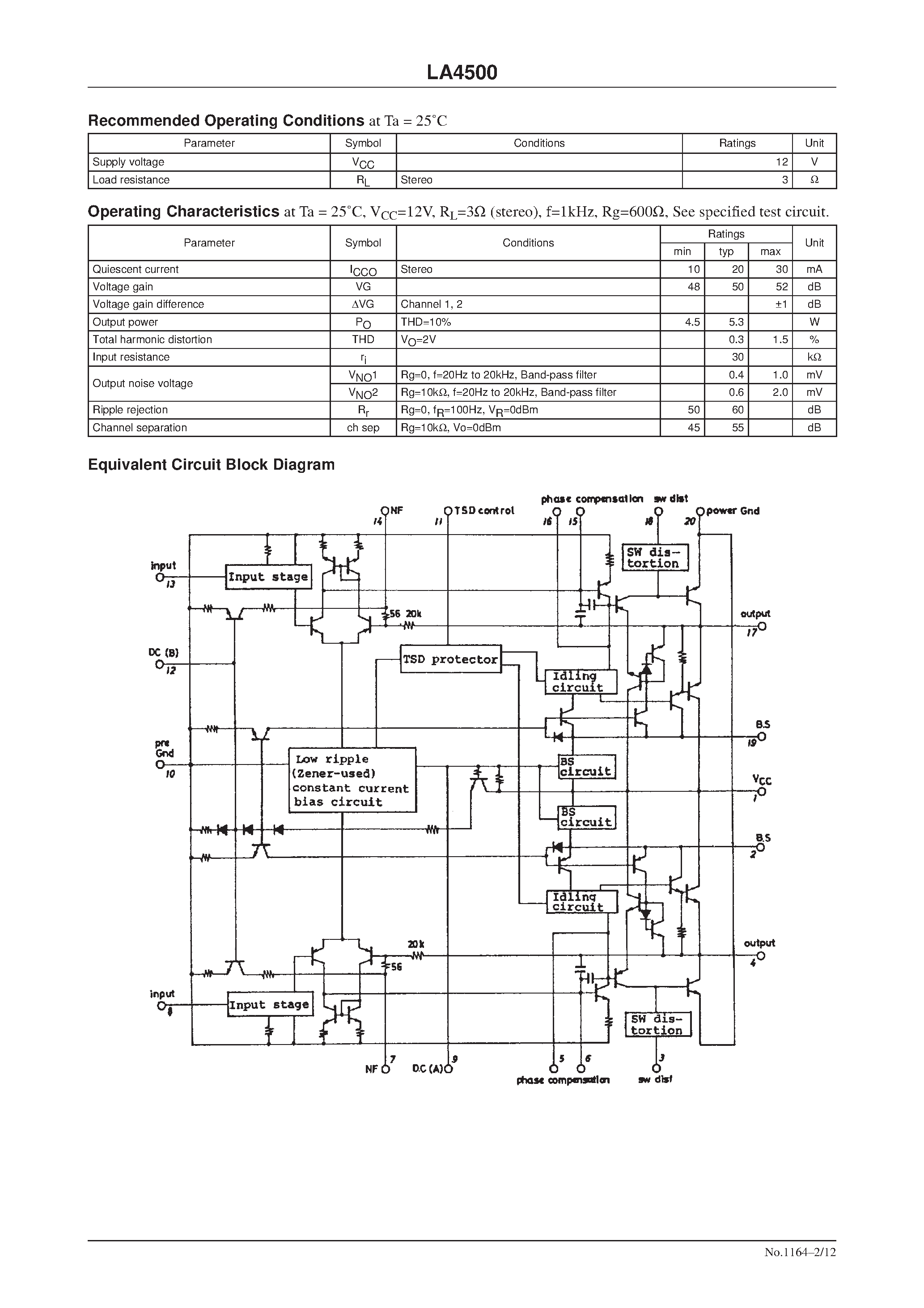 Datasheet LA4500 - 5.3W 2-Channel AF Power Amplifier page 2