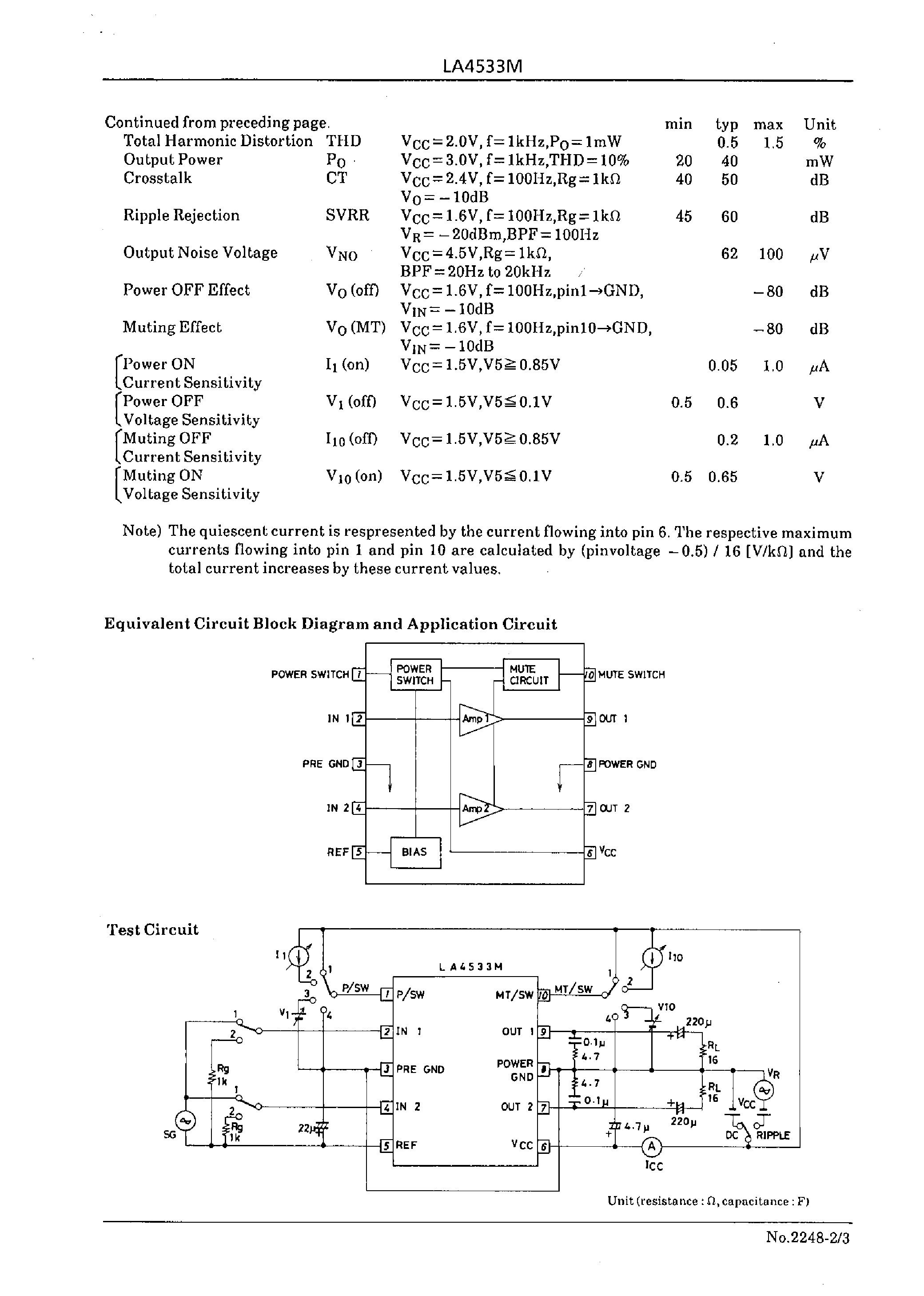 Даташит LA4533M - Power Amplifier for 3V Headphone Stereos страница 2